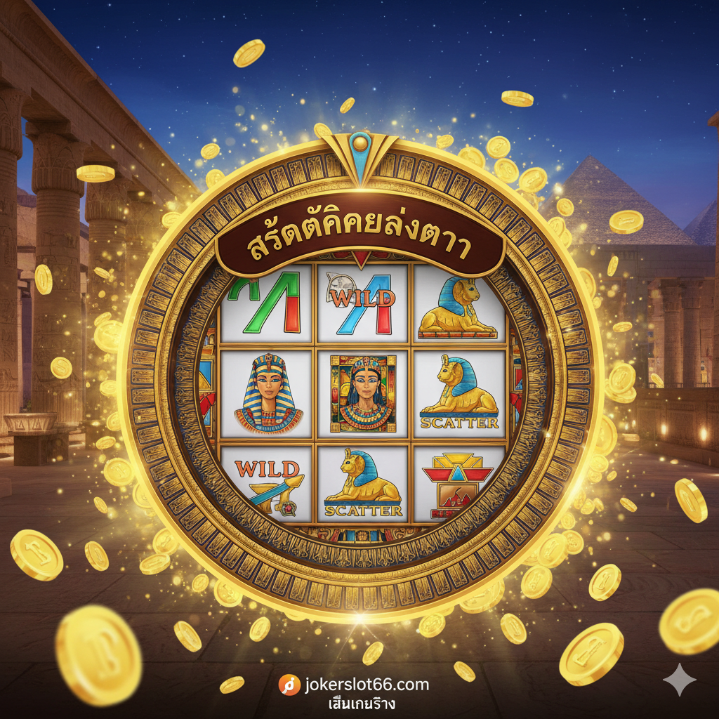 ภาพหน้าปกสไตล์อียิปต์โบราณที่หรูหราและน่าตื่นเต้น เน้นสีทองและสีน้ำเงินเข้มเป็นหลัก องค์ประกอบหลักคือวงล้อสล็อตขนาดใหญ่ที่มีสัญลักษณ์คลีโอพัตรา (Wild) และสฟิงซ์ (Scatter) ปรากฏเด่นชัด ด้านบนมีข้อความ 'Cleopatra Slot Machine' หรือ 'สล็อตคลีโอพัตรา' ในฟอนต์ที่ดูขลัง ใต้ภาพมีโลโก้เล็กๆ ของ 'jokerslot66.com' และคำว่า 'เล่นเงินจริง' เน้นการดึงดูดสายตาด้วยแสงประกายระยิบระยับของเหรียญทองคำที่โปรยปรายรอบๆ กรอบวงล้อ