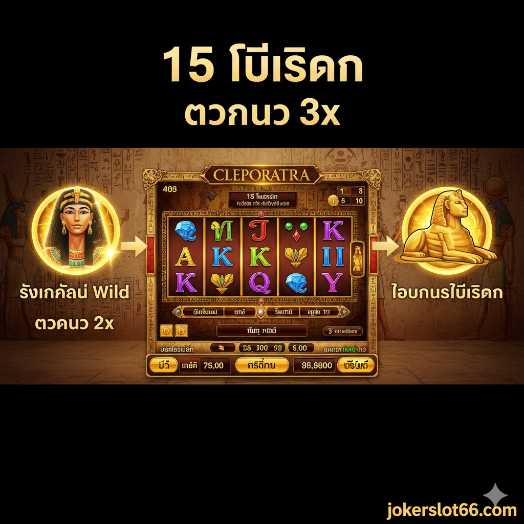 ภาพเน้นคุณสมบัติหลักของเกม ภาพถ่ายหน้าจอแสดงผลในโหมด 'ฟรีสปิน' (Free Spin) ที่กำลังทำงานอยู่ โดยมีตัวเลข '15 Free Spins' และ '3x Multiplier' แสดงอย่างชัดเจน ใช้ฉากหลังเป็นภาพวาดฝาผนังอียิปต์โบราณ (Hieroglyphs) มีไอคอนของพระนางคลีโอพัตราขนาดใหญ่พร้อมแสงออร่า แสดงถึงสัญลักษณ์ Wild ที่ให้ตัวคูณ 2x และไอคอนสฟิงซ์ที่นำไปสู่โบนัสฟรีสปิน สีสันสดใสแต่ยังคงความขลังของธีมอียิปต์ การจัดวางแบบอินโฟกราฟิกเล็กน้อยเพื่อให้ข้อมูลสำคัญเด่นขึ้นมา