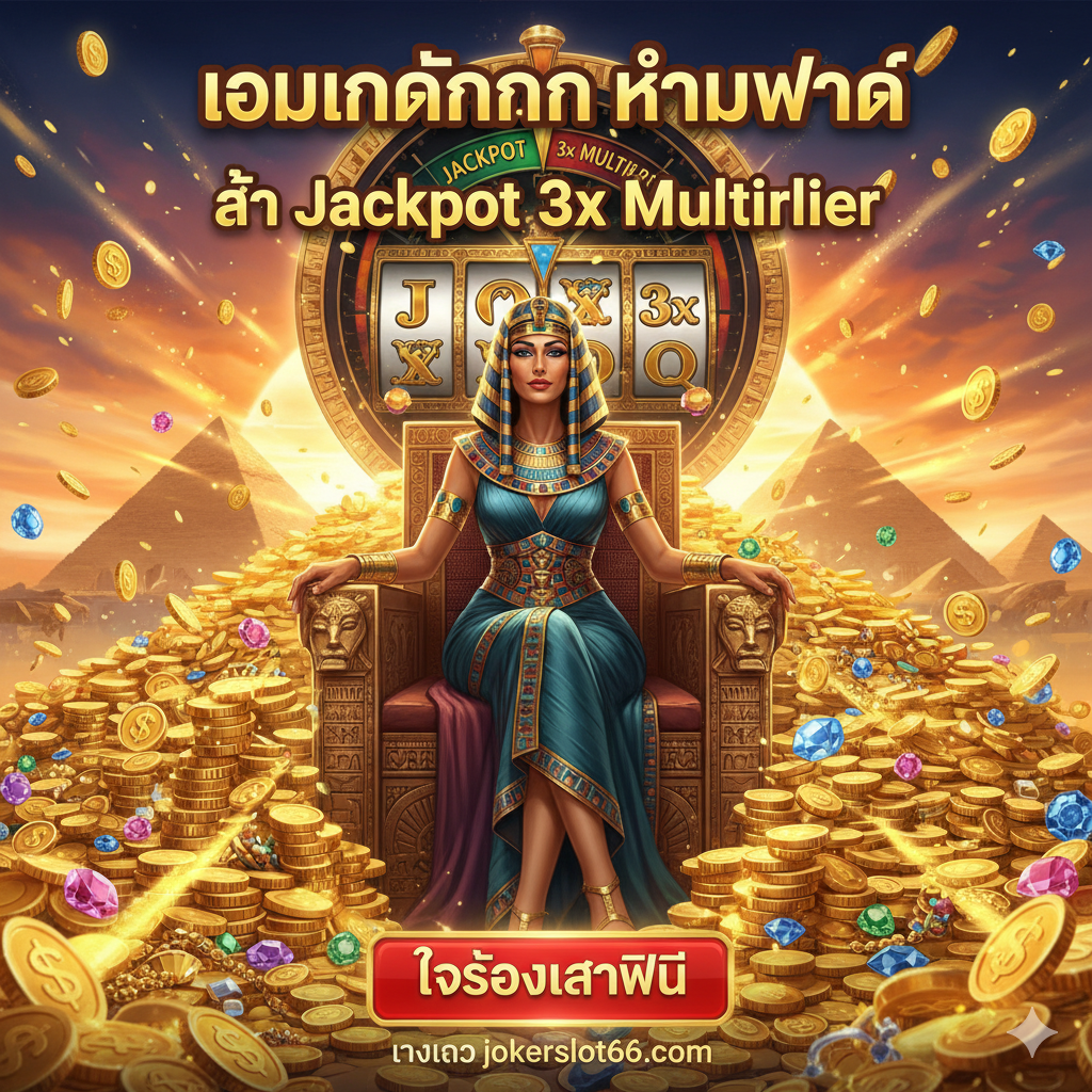 ภาพสรุปและปิดท้ายที่กระตุ้นการตัดสินใจ ภาพวาดองค์คลีโอพัตราในท่าทางที่เชื้อเชิญ มีความมั่นใจและสง่างาม ล้อมรอบด้วยเหรียญทองคำจำนวนมหาศาล และมีข้อความสรุปเป็นภาษาไทย เช่น 'เกมในตำนาน ห้ามพลาด' หรือ 'ล่า Jackpot 3x Multiplier' พร้อมปุ่มขนาดใหญ่ที่ดูคลิกได้ (Call to Action) เช่น 'ทดลองเล่นฟรี' หรือ 'ทางเข้า jokerslot66.com' เน้นสีสันที่ดูดึงดูดและให้ความรู้สึกถึง 'ชัยชนะ' และ 'ความร่ำรวย'