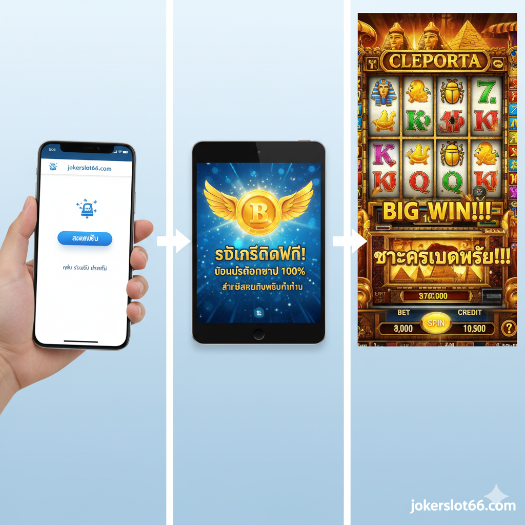 ภาพแสดงขั้นตอนการเข้าเล่นบนเว็บไซต์ jokerslot66.com ภาพแบ่งออกเป็น 3-4 ช่อง (panels) หรือแสดงเป็นภาพรวมที่มีลูกศรชี้ตามลำดับ โดยช่องแรกแสดงหน้าจอคอมพิวเตอร์หรือมือถือที่มีปุ่ม 'สมัครเล่น' หรือ 'ลงทะเบียน' ช่องที่สองแสดงการรับเครดิตฟรีหรือโบนัสต้อนรับ และช่องสุดท้ายแสดงหน้าจอเกมสล็อตคลีโอพัตราที่กำลังเล่นอยู่ เน้นการใช้งานง่าย รวดเร็ว และเป็นภาษาไทย ใช้โทนสีสว่าง สะอาดตา และมีโลโก้ jokerslot66 เพื่อเน้นว่าเป็นขั้นตอนบนแพลตฟอร์มนี้