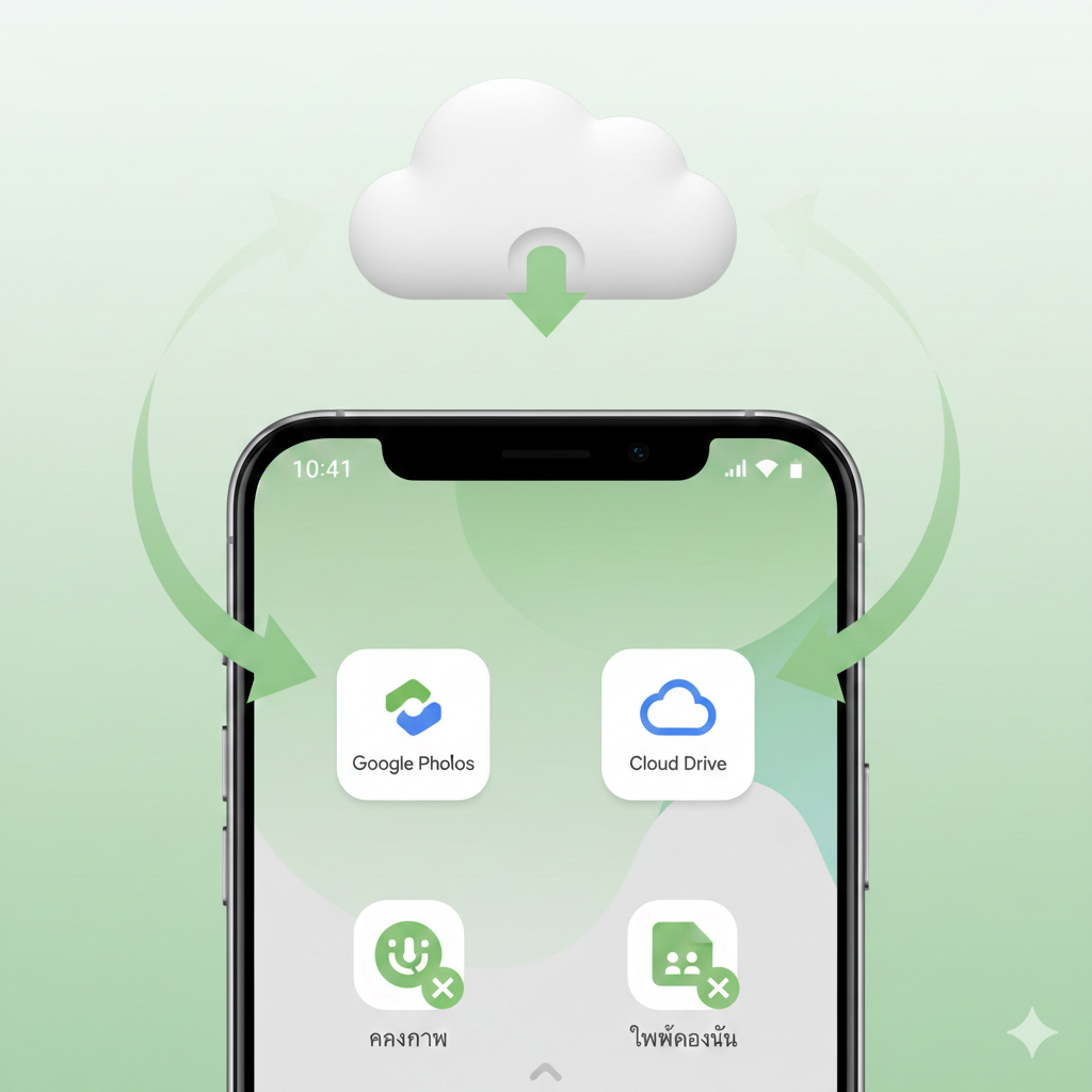 教程图,主题是“没有SD卡如何管理空间”。图片展示了OnePlus 6T的屏幕界面,但焦点是“Google Photos”或“Cloud Drive”的图标和云端同步的动画效果(例如数据上传到云端的箭头)。构图简洁明了,下半部分是手机屏幕,上半部分是云朵的图标,表示“空间释放”的概念。使用绿色和白色为主色调,营造出一种“解决方案”和“清新”的感觉。旨在指导用户如何通过云服务解决存储空间不足的问题。