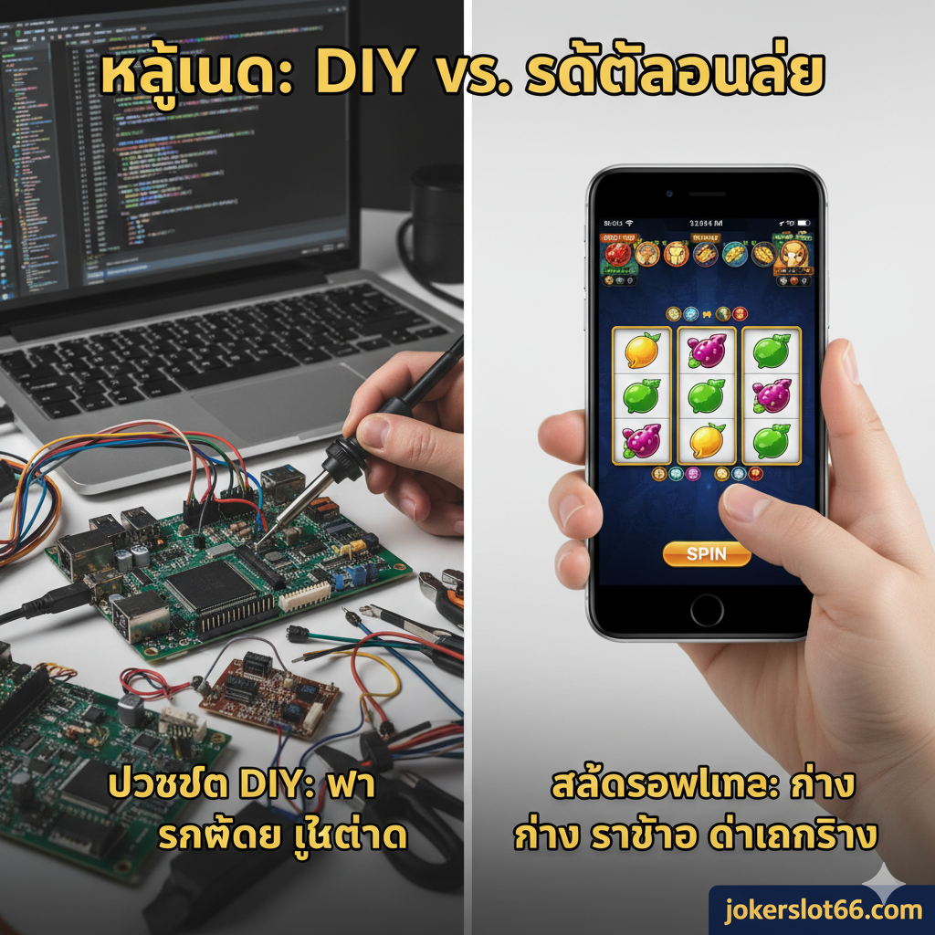 ภาพเปรียบเทียบสองทางเลือกเพื่อแสดงความง่ายของสล็อตออนไลน์ แบ่งภาพออกเป็นสองส่วนอย่างชัดเจน: ด้านซ้ายแสดงมือที่กำลังยุ่งอยู่กับการต่อสายไฟ การบัดกรี หรือการเขียนโค้ด Python บนคอมพิวเตอร์ (แทนโปรเจกต์ DIY ที่ยุ่งยากและใช้เวลา) ส่วนด้านขวาแสดงมืออีกข้างกำลังใช้นิ้วแตะปุ่ม 'SPIN' ขนาดใหญ่บนหน้าจอโทรศัพท์มือถืออย่างง่ายดาย (แทนการเล่นสล็อตออนไลน์) ใช้โทนสีทึบหรือเข้มสำหรับด้าน DIY และโทนสีสว่าง มีชีวิตชีวาสำหรับด้านสล็อตออนไลน์ เพื่อเน้นย้ำถึงความรวดเร็วและความง่ายดายในการทำกำไร