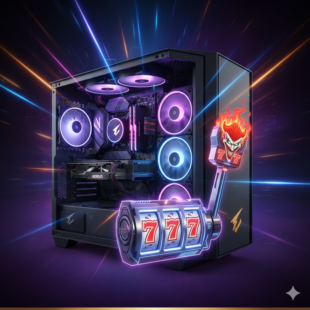 一张将硬件与站点主题结合的创意合成图。画面中心是一个带有 AORUS 标志和 RGB 灯效的 B450 AORUS ELITE 主机机箱，机箱侧透玻璃内，显卡（GPU）的散热风扇正在高速旋转。前景中，将游戏机的拉杆（Slot Machine Lever）或老虎机元素（如：Joker 或 777）以科幻风格融入其中，象征“准备好去玩游戏/赢钱”。整体风格酷炫，光影交错，底部可以有 jokerslot66.com 的品牌色（如果知道）。