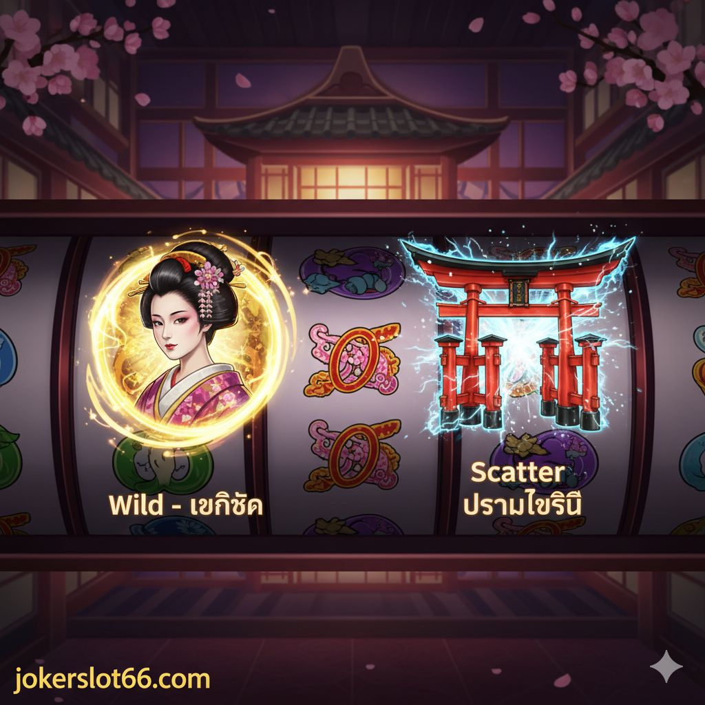 一张展示游戏核心功能（Wild和Scatter）的图片。画面模拟老虎机的卷轴特写，突出显示'Geisha'作为Wild符号和'Torii Gate'作为Scatter符号。Wild符号（艺伎）应被光环或金光环绕，暗示其乘数或替代作用；Scatter符号（鸟居）应以爆炸或闪烁效果突出，表示它能触发Free Spins。图上用泰语简短标注'Wild - เกอิชา' และ 'Scatter - ประตูโทริอิ'。风格应是高清晰度的游戏截图或概念图，背景是游戏界面。