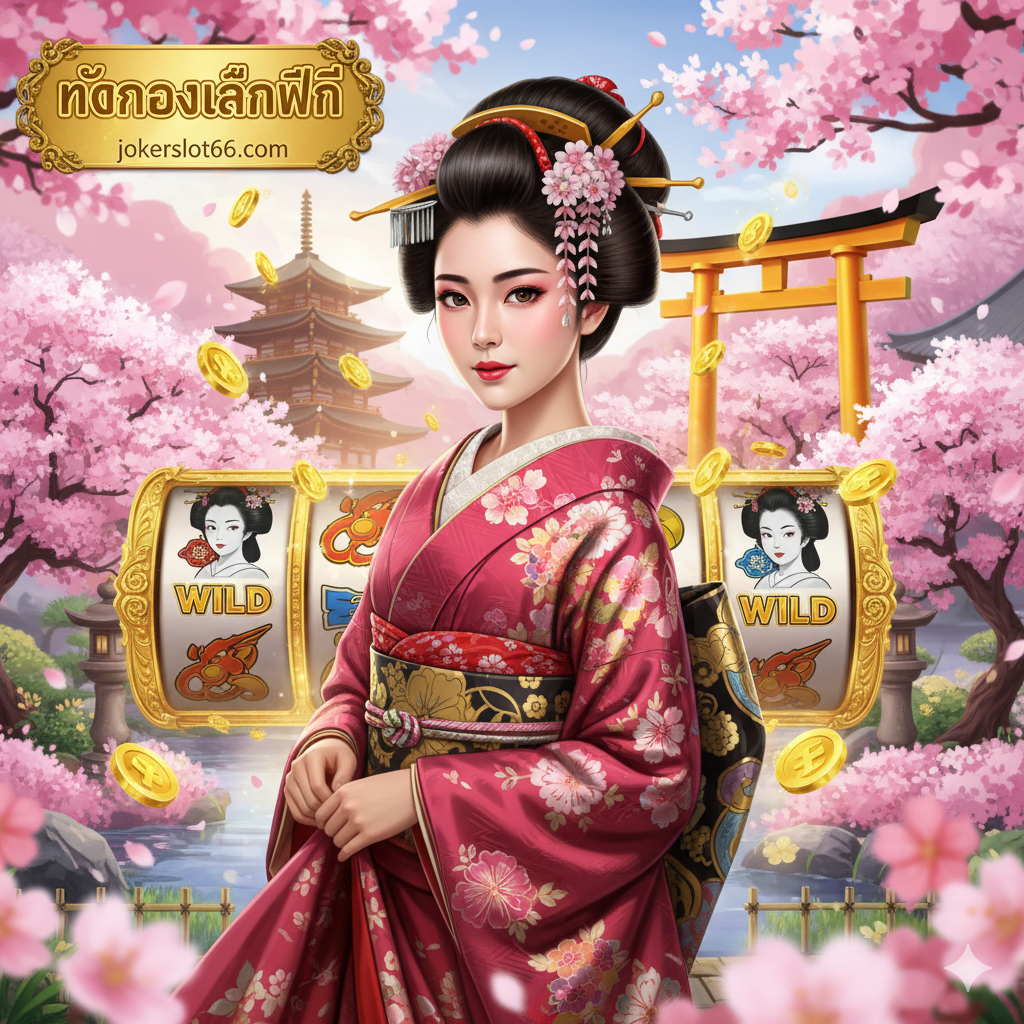 一张醒목的封面图，主题为'Geisha Slot'。画面中心应是一位穿着传统和服、优雅美丽的艺伎（Geisha），背景是樱花飘落的日本庭院或寺庙，并融入老虎机（Slot Machine）的元素，如金币飞溅、卷轴上的高价值符号（如Torii Gate或Geisha Wild）。色彩以柔和的粉色、红色和金色为主，营造出东方的神秘与财富感。在左上角或右下角，使用金色或亮眼的泰语文字突出'ทดลองเล่นฟรี'（免费试玩）和'jokerslot66.com'的标志。