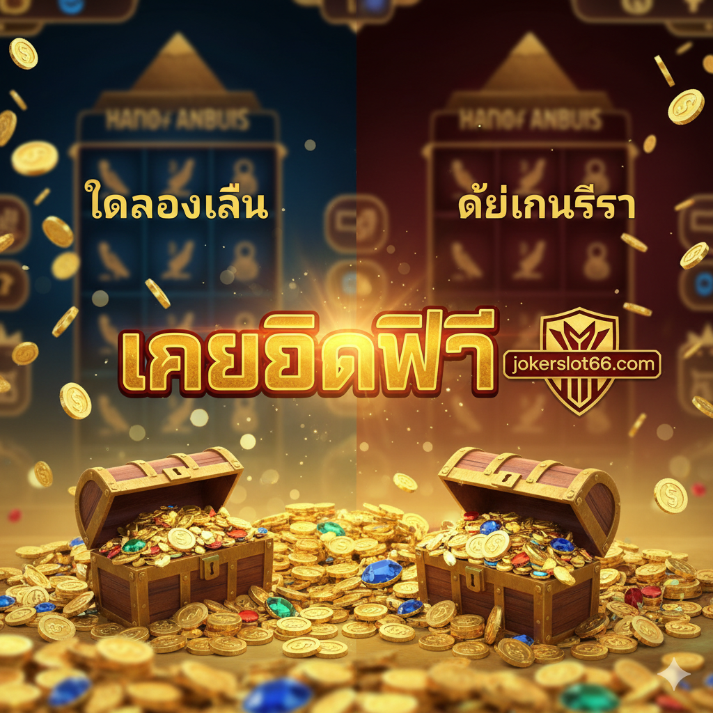 ภาพเน้นโปรโมชั่น 'เครดิตฟรี 100%' และโลโก้ jokerslot66.com บนพื้นหลังที่เต็มไปด้วยความมั่งคั่งและเกมสล็อต Hand of Anubis