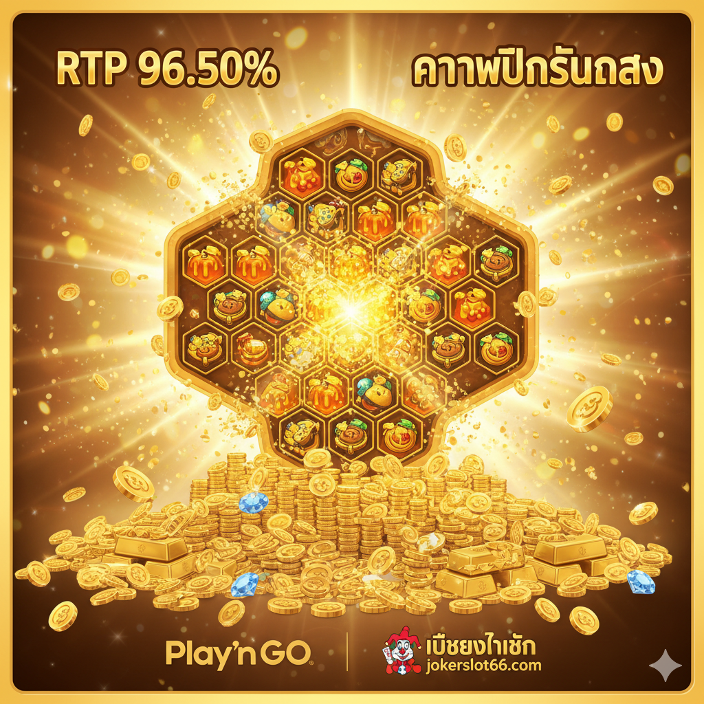 ภาพที่สื่อถึงข้อดีและโอกาสในการ 'แตกง่าย' ของเกม Honey Rush แสดงภาพตารางเกมที่มีสัญลักษณ์น้ำผึ้งและเหรียญทองคำจำนวนมากกำลังระเบิดออก พร้อมกับกองเหรียญทองคำขนาดใหญ่ที่พุ่งออกมาจากด้านล่างของจอ ภาพเน้นกราฟิกแสดงค่า 'RTP 96.50%' และ 'High Volatility' อย่างชัดเจน เพื่อเน้นย้ำศักยภาพการจ่ายรางวัลใหญ่ ด้านล่างมีโลโก้ Play’n GO และสัญลักษณ์ของ jokerslot66.com อย่างเรียบง่าย สีสันโดยรวมเน้นสีทองและแสงจ้าเพื่อแสดงถึงความร่ำรวย