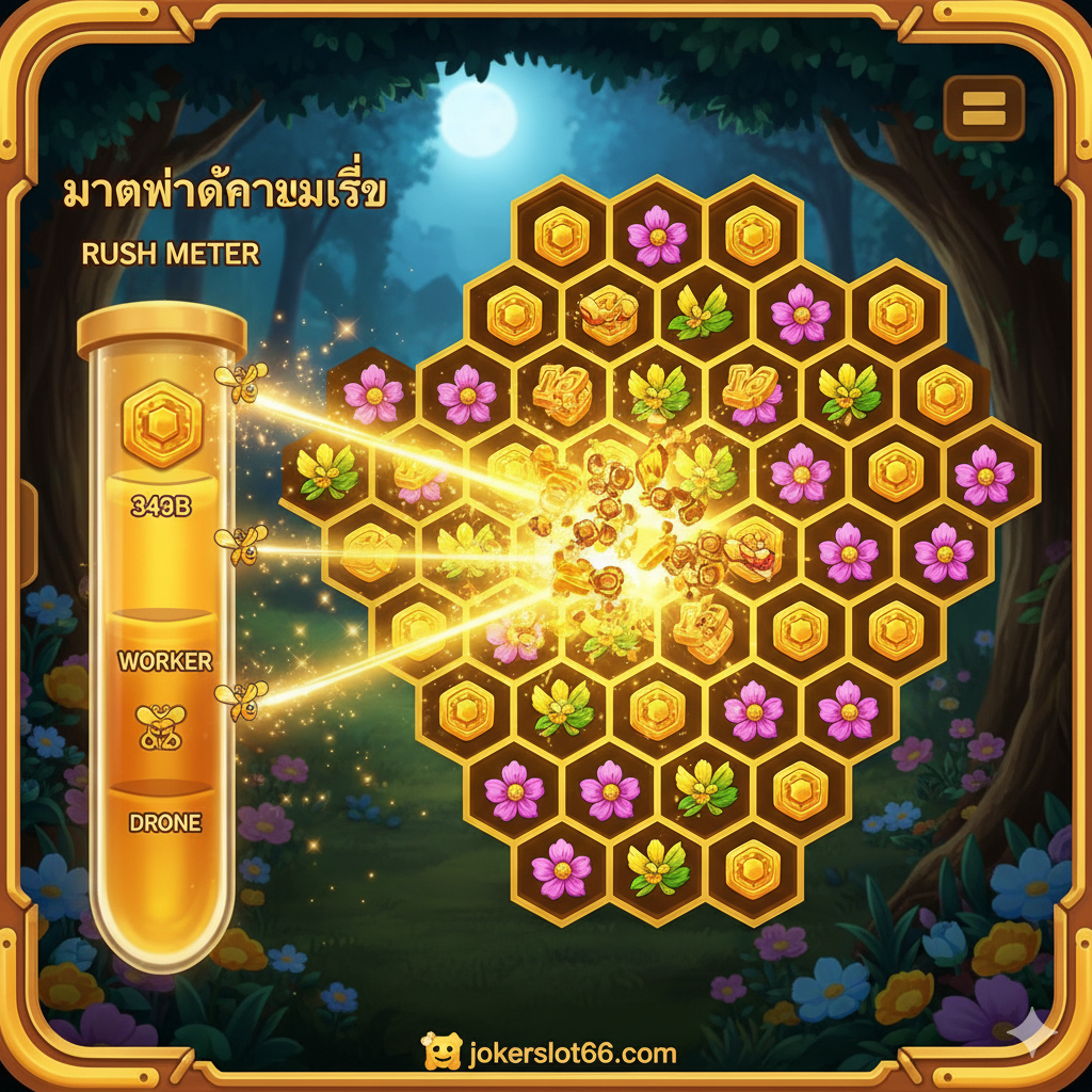 ภาพเน้นฟีเจอร์หลัก 'Rush Meter' ของเกม Honey Rush แสดงมาตรวัด (Meter) ที่มีผึ้งสามระดับ (Drone, Worker, Queen) ปรากฏเด่นชัดอยู่ด้านข้างตารางเกมหลัก (4-5-6-7-6-5-4) ตารางเต็มไปด้วยคลัสเตอร์สัญลักษณ์ที่กำลังระเบิดออกเพื่อสะสมแต้มเข้าสู่มิเตอร์ มีแสงสีเหลืองทองพุ่งออกจากมิเตอร์เพื่อแสดงถึงการทำงานของฟีเจอร์ Colony Effect เน้นคำว่า 'Rush Meter' และ 'Queen Colony' เพื่ออธิบายกลไกทำเงินสำคัญของเกม โดยใช้สีเข้มและสีทองเป็นหลัก