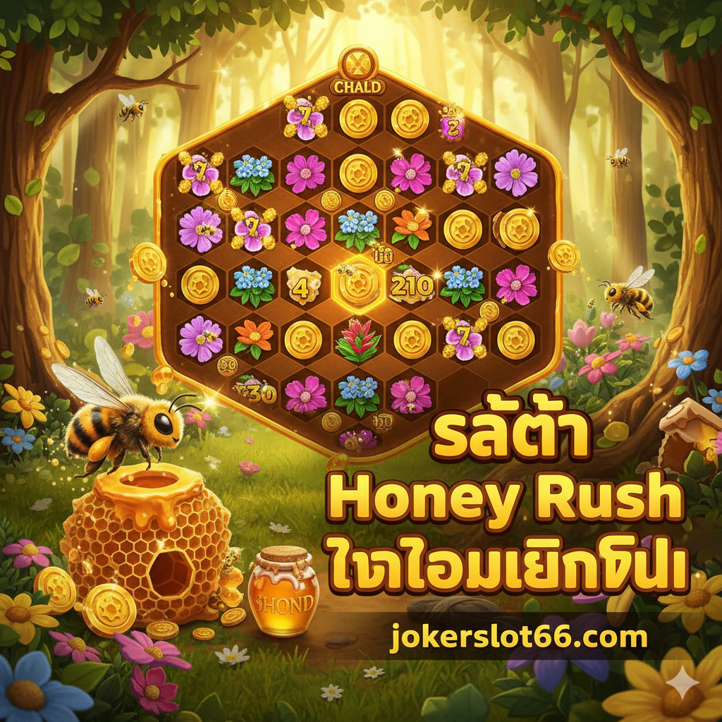 ภาพหน้าปกสไตล์เกมสล็อตที่มีชีวิตชีวาและดึงดูดสายตาอย่างมาก เน้นภาพหน้าจอของเกม Honey Rush (Play’n GO) ซึ่งแสดงตารางแบบรังผึ้ง (4-5-6-7-6-5-4) ที่เต็มไปด้วยสัญลักษณ์น้ำผึ้ง ดอกไม้ และเหรียญทองคำขนาดใหญ่ ด้านซ้ายมีผึ้งตัวใหญ่กำลังบินวนอยู่ ส่วนด้านขวาเน้นข้อความภาษาไทยตัวหนาว่า "สล็อต Honey Rush ทดลองเล่นฟรี" และ "jokerslot66.com" ด้วยโทนสีทองและเหลืองสดใส ฉากหลังเป็นป่าที่มีแสงแดดส่องลงมารำไร เพิ่มความรู้สึกอบอุ่นและตื่นเต้น ภาพรวมเป็นภาพคุณภาพสูงระดับ 3D