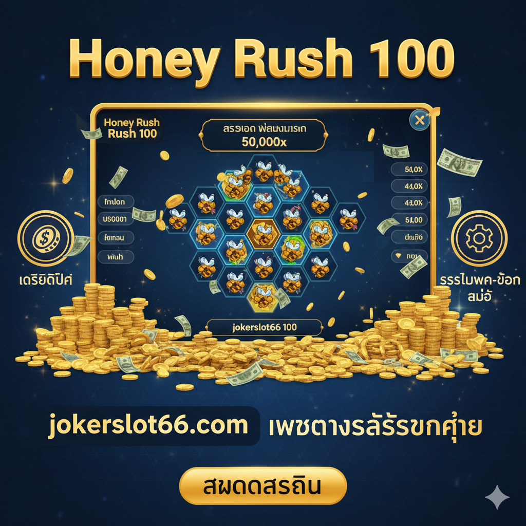 ภาพสรุปที่โปรโมท Honey Rush 100 และเว็บไซต์ jokerslot66.com แสดงภาพหน้าจอเกม Honey Rush 100 ที่มีการจ่ายรางวัลสูงสุด (50,000x) ควบคู่ไปกับภาพของเหรียญทองคำและเงินสดจำนวนมหาศาล ข้อความหลักคือ 'Honey Rush 100' และ 'jokerslot66.com เว็บตรงสล็อตแตกง่าย' พร้อมสัญลักษณ์ของ 'เครดิตฟรี' และ 'ระบบฝาก-ถอน ออโต้' เพื่อกระตุ้นให้เกิดการสมัครสมาชิก ใช้สีน้ำเงินเข้มผสมกับสีทองเป็นหลักเพื่อให้ดูน่าเชื่อถือและมั่นคง