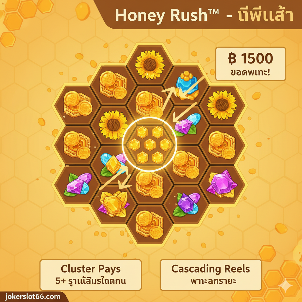ภาพแนวอินโฟกราฟิกที่อธิบายกลไก 'Cluster Pays' ของเกม Honey Rush อย่างชัดเจน แสดงตารางรังผึ้งที่มีกลุ่มสัญลักษณ์ (Cluster) อย่างน้อย 5 ตัวเชื่อมต่อกันเป็นวงกลมหรือรูปร่างอื่น ๆ เน้นไฮไลท์กลุ่มที่ชนะด้วยเส้นกรอบสีทองและลูกศรชี้ไปที่ยอดเงินรางวัลที่ปรากฏขึ้น มีข้อความสั้น ๆ ภาษาไทยว่า "Cluster Pays: 5+ สัญลักษณ์ติดกัน" และ "Cascading Reels: ชนะต่อเนื่อง" เพื่อเป็นคู่มือฉบับย่อสำหรับมือใหม่ พื้นหลังใช้โทนสีน้ำผึ้งอ่อน ๆ และดูเป็นมิตร