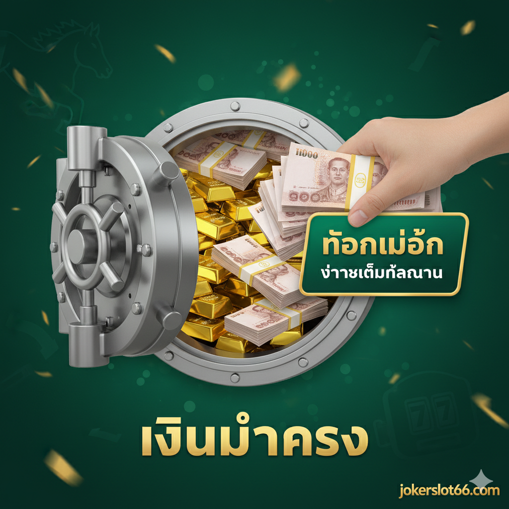 ภาพตู้เซฟขนาดใหญ่บรรจุธนบัตรและทองคำมากมาย พร้อมป้าย 'ถอนไม่อั้น' และ 'จ่ายเต็มจำนวน' สื่อถึงความมั่นคงทางการเงิน