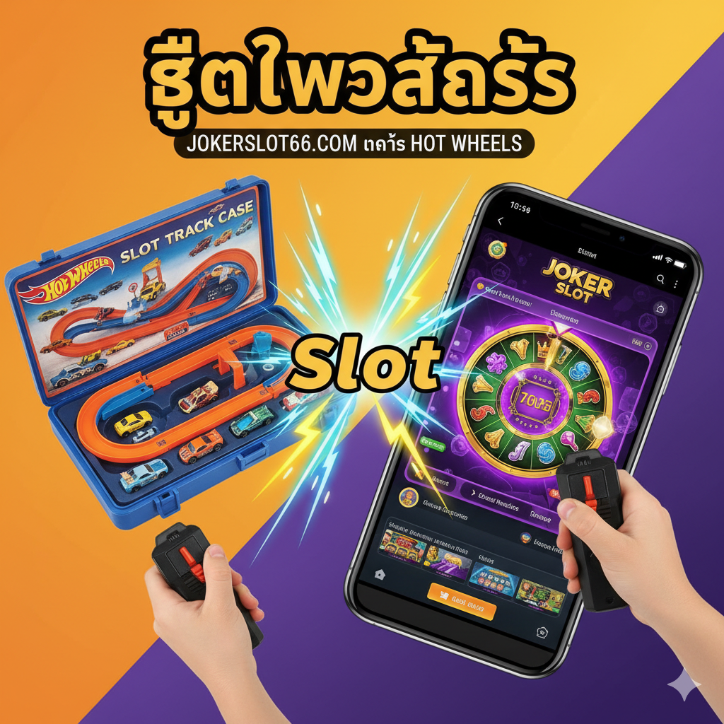 ภาพปกแบบ Dual Concept: ด้านซ้ายแสดงภาพ Hot Wheels Slot Track Carrying Case ที่เปิดออก เผยให้เห็นรางรถแข่งและรถ Hot Wheels ขนาดเล็กในสไตล์คลาสสิกของเล่น มีมือเด็กกำลังถือตัวควบคุมรถ (Controller) โทนสีเน้นสีส้มและน้ำเงินของ Hot Wheels ด้านขวาแสดงภาพหน้าจอโทรศัพท์มือถือที่กำลังแสดงอินเทอร์เฟซเกมสล็อตของ Joker Slot (สมมติสัญลักษณ์เป็นวงล้อและสัญลักษณ์ที่สว่างไสว) โทนสีเน้นสีม่วง/ทอง/เขียวสดใสของดิจิทัลเกมมิ่ง มีเส้นสายความเร็ว (Speed Lines) หรือสายฟ้าแลบพุ่งออกจากโทรศัพท์มือถือไปชนกับรางรถ Hot Wheels เพื่อสื่อถึงการปะทะกันของ 'Slot' ทั้งสองโลก