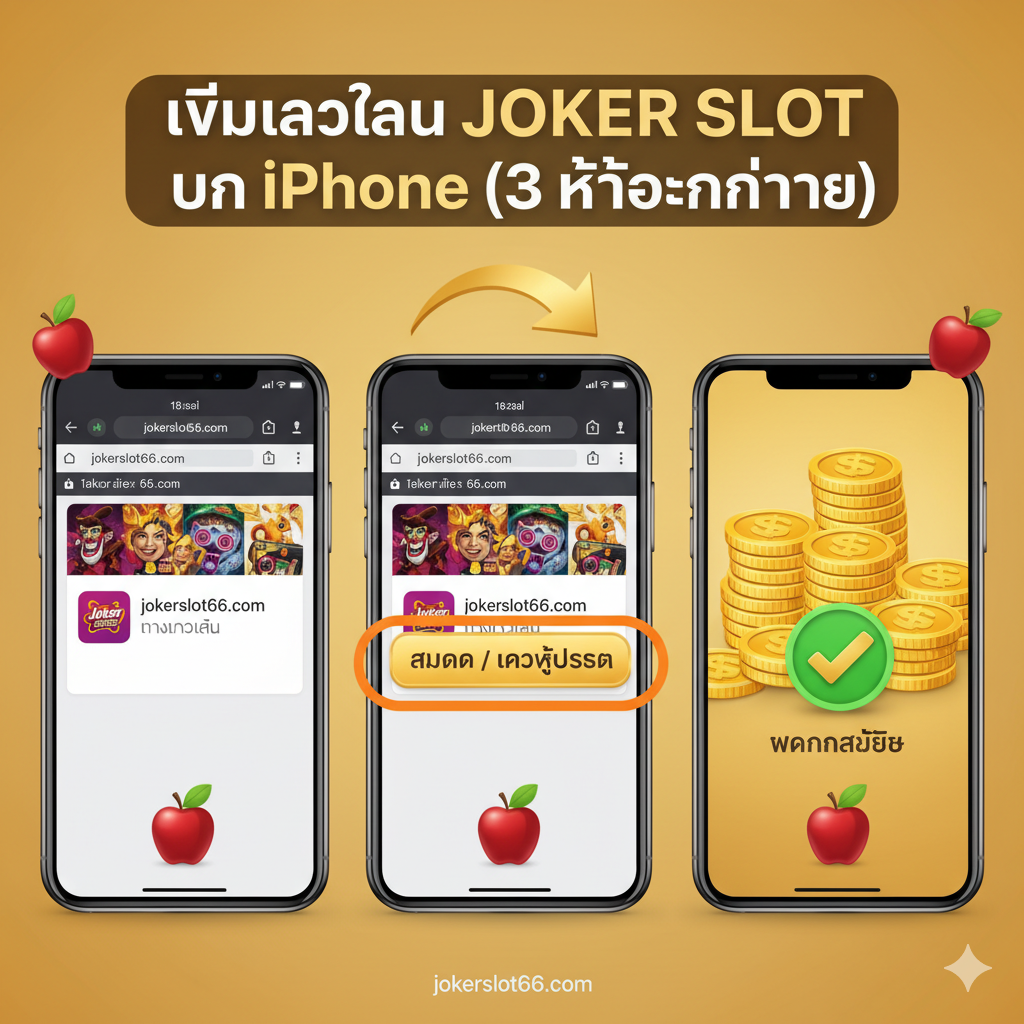 ภาพขั้นตอนการเข้าเล่นสล็อตบนอุปกรณ์ Apple (Tutorial) แสดงภาพมือถือ iPhone ที่กำลังใช้งานอยู่ โดยแบ่งเป็น 3 ส่วนที่เรียงตามลำดับตามแนวนอนหรือแนวตั้ง: 1. ไอคอนเว็บไซต์ jokerslot66.com ในเบราว์เซอร์ Safari 2. ปุ่ม 'สมัคร/เข้าสู่ระบบ' ที่ถูกไฮไลท์ 3. กองเหรียญทองพร้อมสัญลักษณ์ 'ฝากเงินสำเร็จ' ภาพรวมใช้สีโทนอบอุ่นและมีลูกศรนำสายตาจากขั้นตอน 1 ไป 3 เพื่อสื่อถึงความง่ายดายและรวดเร็วในการเริ่มต้นเล่น (ภายใน 3 ขั้นตอน) ควรมีผลแอปเปิ้ลเล็กๆ อยู่ข้างๆ แต่ละขั้นตอนเพื่อเชื่อมโยงกับเนื้อหา