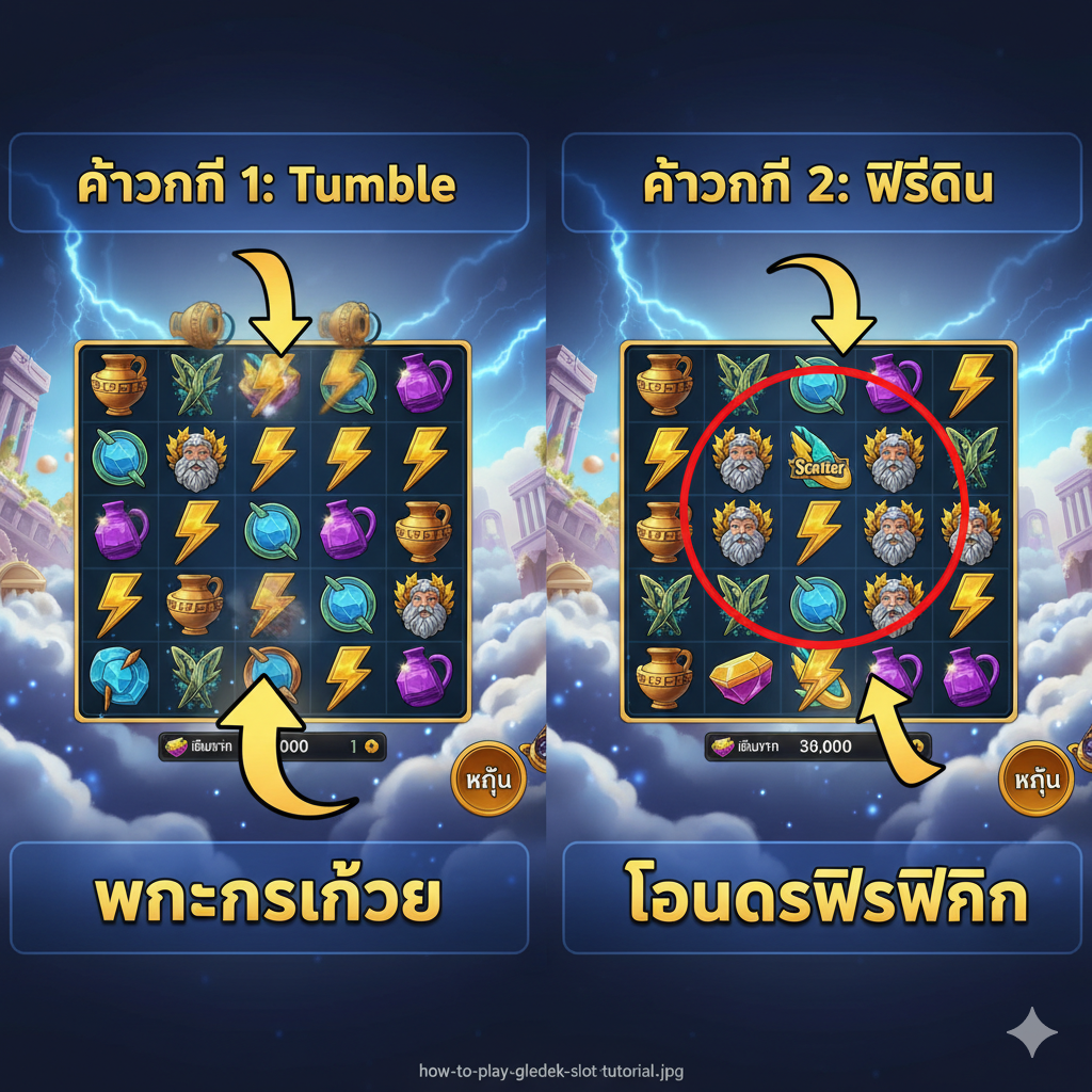 一张教程图片,展示“Gledek Slot”的玩法和如何赢奖。图片可分为两个步骤:步骤一(左侧)展示“Tumble”功能,即获胜符号消失、新符号掉落,并配以“ชนะต่อเนื่อง” (连续获胜) 的文字。步骤二(右侧)展示如何触发免费旋转,突出显示4个或更多的“Scatter”符号(宙斯头像),并指向“โบนัสฟรีสปิน” (免费旋转奖金)。构图清晰,使用箭头引导视线,帮助新玩家理解游戏机制。