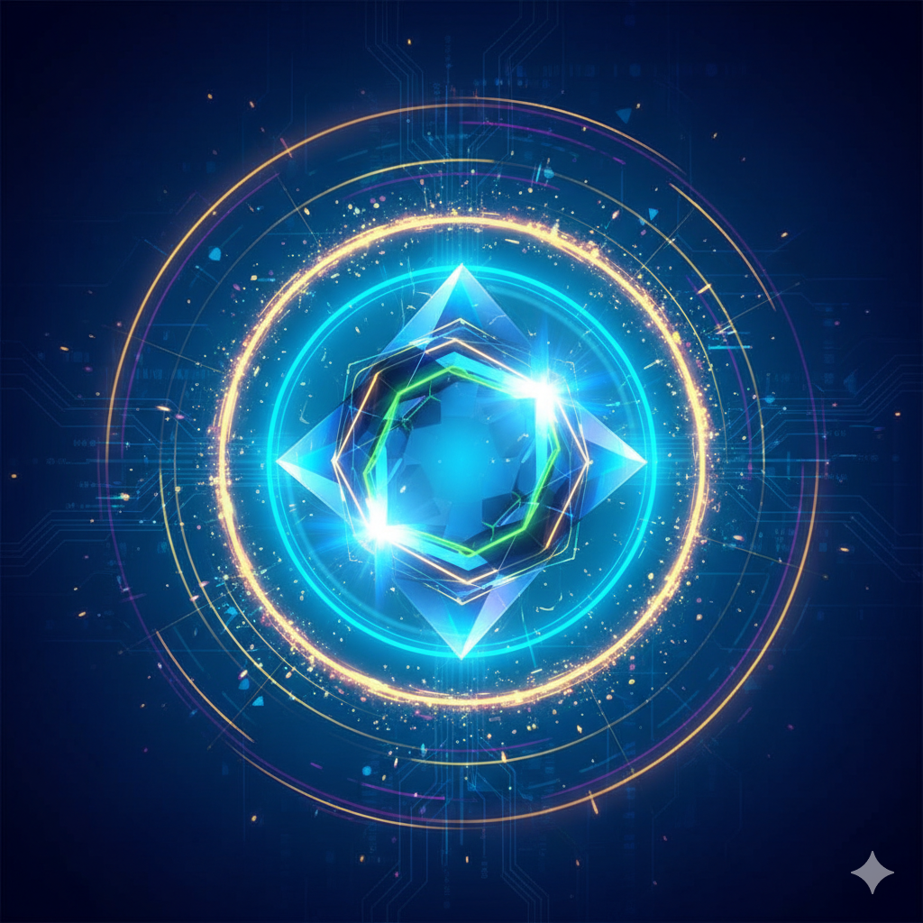 抽象风格的封面图。主体是一个发光的、未来感的几何图形（象征数字娱乐），被一圈金色和紫色的光晕环绕。背景是深邃的、略带科技感的蓝色渐变。整体色彩饱和度高，营造出刺激和高端的氛围。构图居中，视觉焦点集中在发光的几何图形上，暗示着“机会”和“独特体验”。