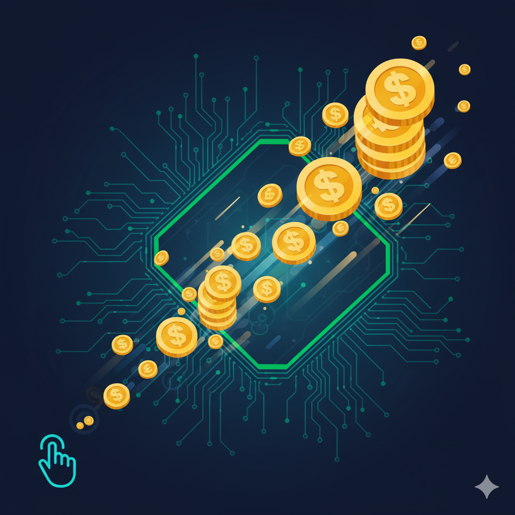 以“速度与便捷”为主题的功能图。画面主体是一条由虚拟货币符号(如金色圆圈、抽象的钱币堆)构成的,带有高速运动模糊感的线条,穿梭在深蓝和霓虹绿的数字电路板纹理上。设计风格为扁平化与科技感的结合,强调快速存取、高效体验。左下角可以有一个抽象的“一键”图标,突出操作的便捷性。