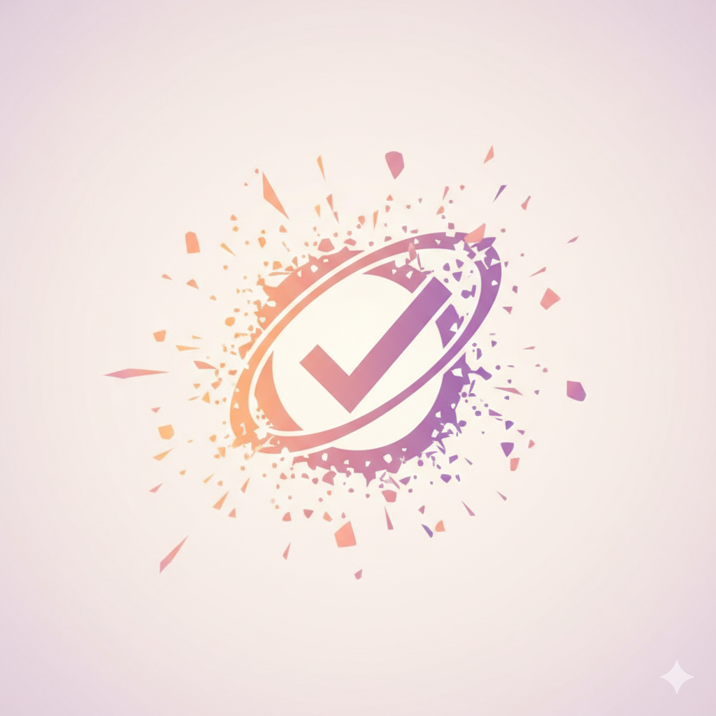 以“圆满结束”为主题的总结图。画面中心是一个大的、抽象的“完成”或“目标达成”的符号，例如一个打勾的标记或一个环绕的星环，周围散布着各种明亮、柔和的色彩碎片（橙色、粉色、浅紫）。背景是柔和的浅色渐变，整体风格温暖而令人放松。构图采用放射状或中心扩散，营造出一种积极、成功的结尾感觉。