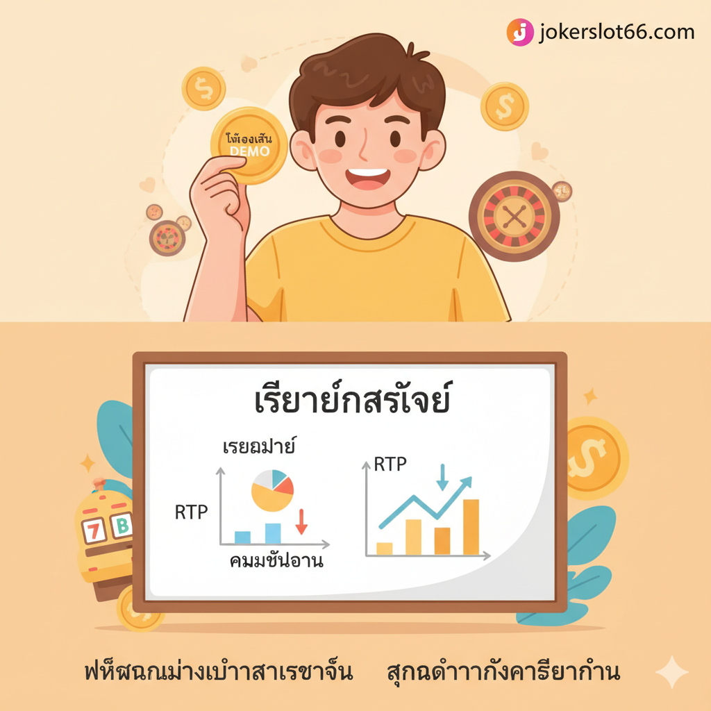 优势图片聚焦于“无风险学习策略和娱乐”。构图应分为左右两部分或上下两部分进行对比。左侧(或上方)展示一个轻松愉快的玩家形象,手里拿着一个写有“DEMO”的虚拟金币,脸上带着自信的笑容,代表无风险的乐趣。右侧(或下方)展示一个笔记本或一块白板,上面写着“Strategy Learning”或“เรียนรู้กลยุทธ์”以及一些简单的统计图表(如RTP/Volatility),强调学习和练习的功能。整体采用暖色调และ轻松的卡通/插画风格,傳達出“練習讓你完美”และ“安心享受”的信息。背景可有模糊的泰銖符號或虛擬貨幣符號,但明確不是真錢。