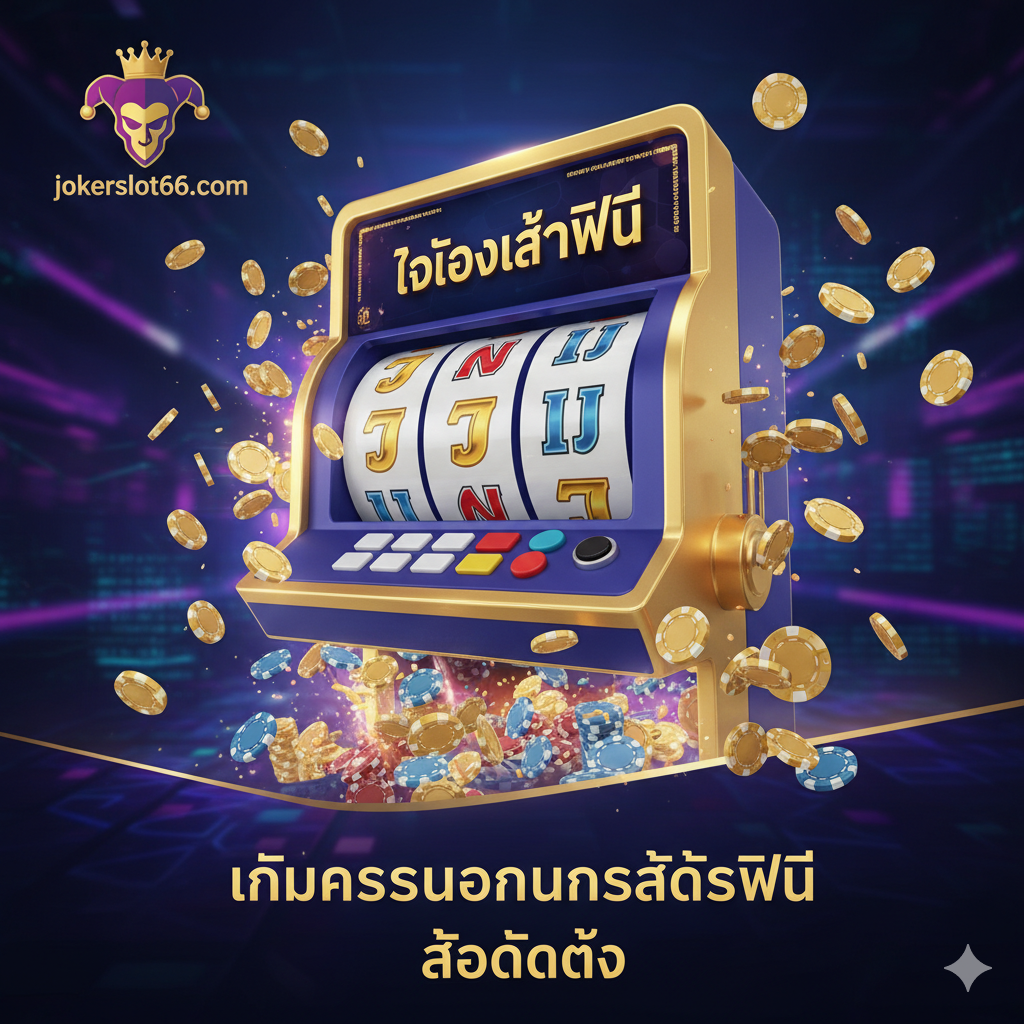 一張吸引眼球的封面圖，突出“Jocuri Casino Online Slot Free”和“Demo Slot”的主題。主色調應為深藍色、金色或紫色，營造出奢華和刺激的賭場氛圍。畫面中心是一個大型且閃耀的老虎機界面，上面顯示着“FREE PLAY”或“ทดลองเล่นฟรี”的字樣，並有金幣和籌碼飛濺的動態效果।構圖上，老虎機應佔據主體，背景可以有模糊的數字流或霓虹燈光，增加科技感和速度感。風格應為高品質的3D渲染或扁平化設計，確保在移動設備上清晰可見。圖片必須包含目標站點的視覺元素（如Jokerslot66的Logo或代表色），以增強品牌識別度。