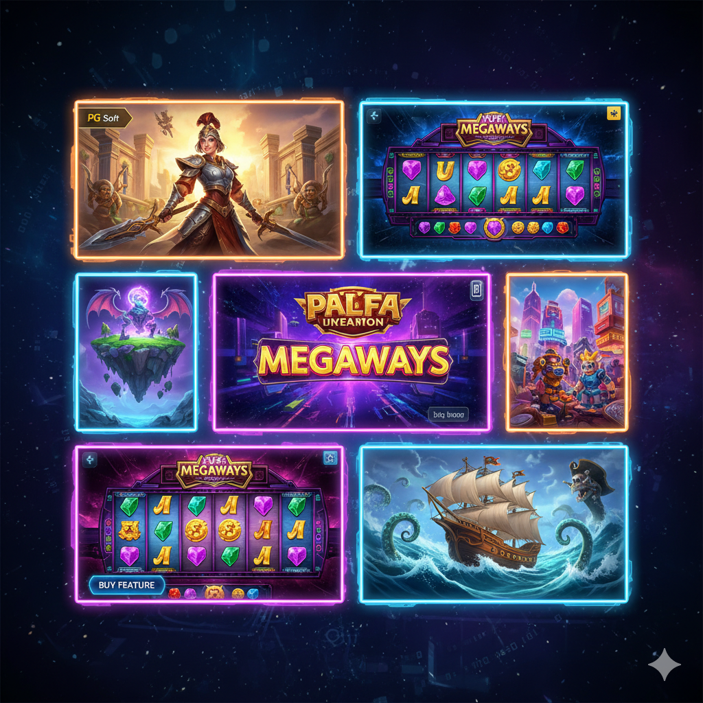 功能图片应展示“多款热门游戏供应商”的特点，突出PG Slot和Pragmatic Play等顶级游戏图标或截图的拼贴画。色彩鲜艳，具有很强的游戏视觉冲击力。画面可以分成几个小块，每个小块展示一个知名Demo Slot游戏的特色画面，如PG Slot的精致人设和Pragmatic Play的MegaWays或Buy Feature按钮。中間可以有一行泰語或英文強調“ทดลองเล่นสล็อตทุกค่าย”或“Best Demo Slots Collection”。構圖應採用模塊化或網格佈局，清晰地展示遊戲的多樣性和高質量的圖形。整體風格現代、充滿活力，體現出遊戲內容的豐富性。