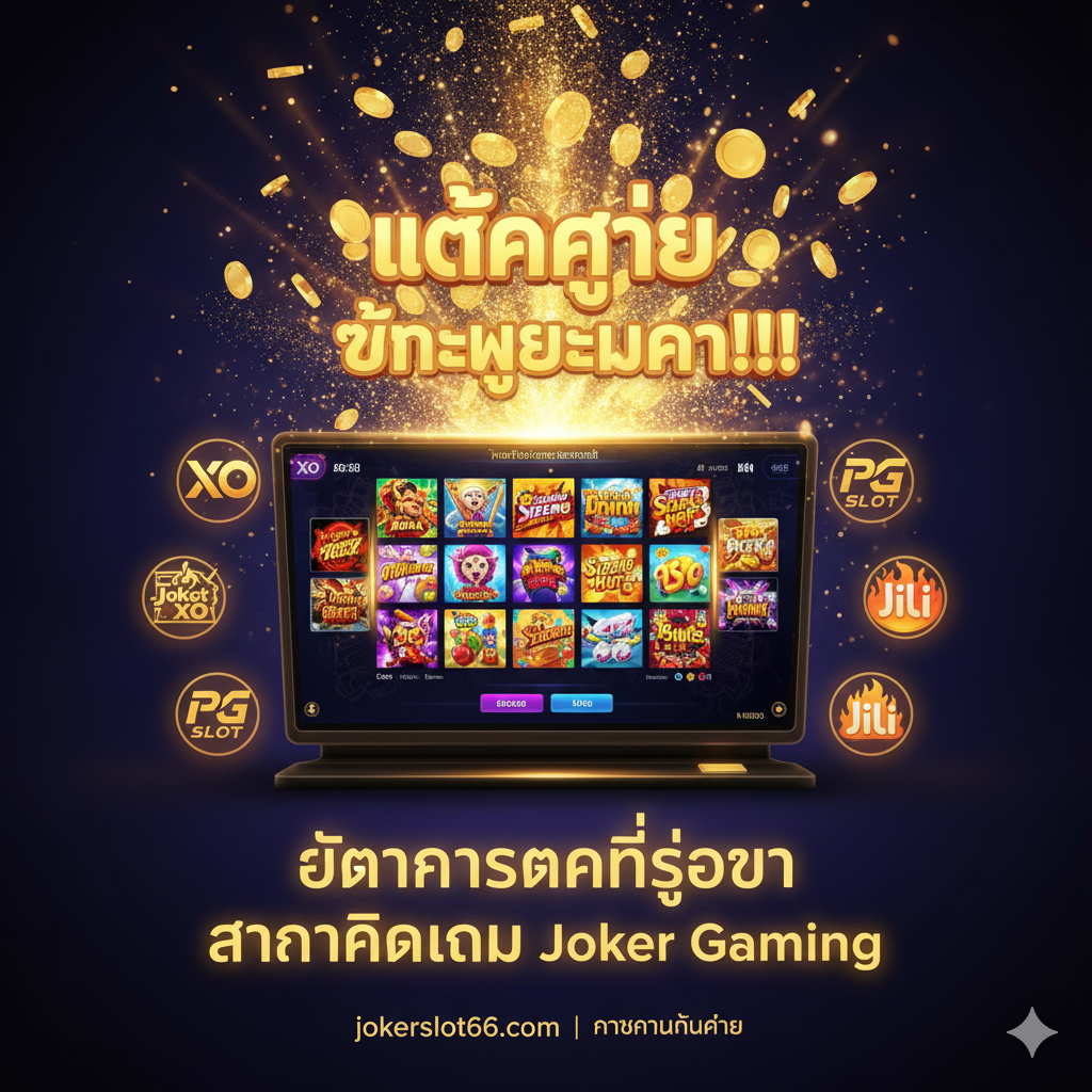 优势图展示游戏的多样性和高回报率（แตกง่าย）。画面以一个巨大的老虎机屏幕为中心，屏幕内展示着多款Joker Gaming的标志性游戏图标（如Roma, Sizzling Hot等），周围是不同博彩公司Logo（Slot XO, PG Slot, Jili）的微小图标，象征“ครบครันทุกค่าย”。屏幕上方爆发出大量的金币雨和“BIG WIN”字样。整体采用深色背景，突出金币和游戏画面的光芒，强调“อัตราการแตกที่สูงกว่า”和“อาณาจักรเกม Joker Gaming”。