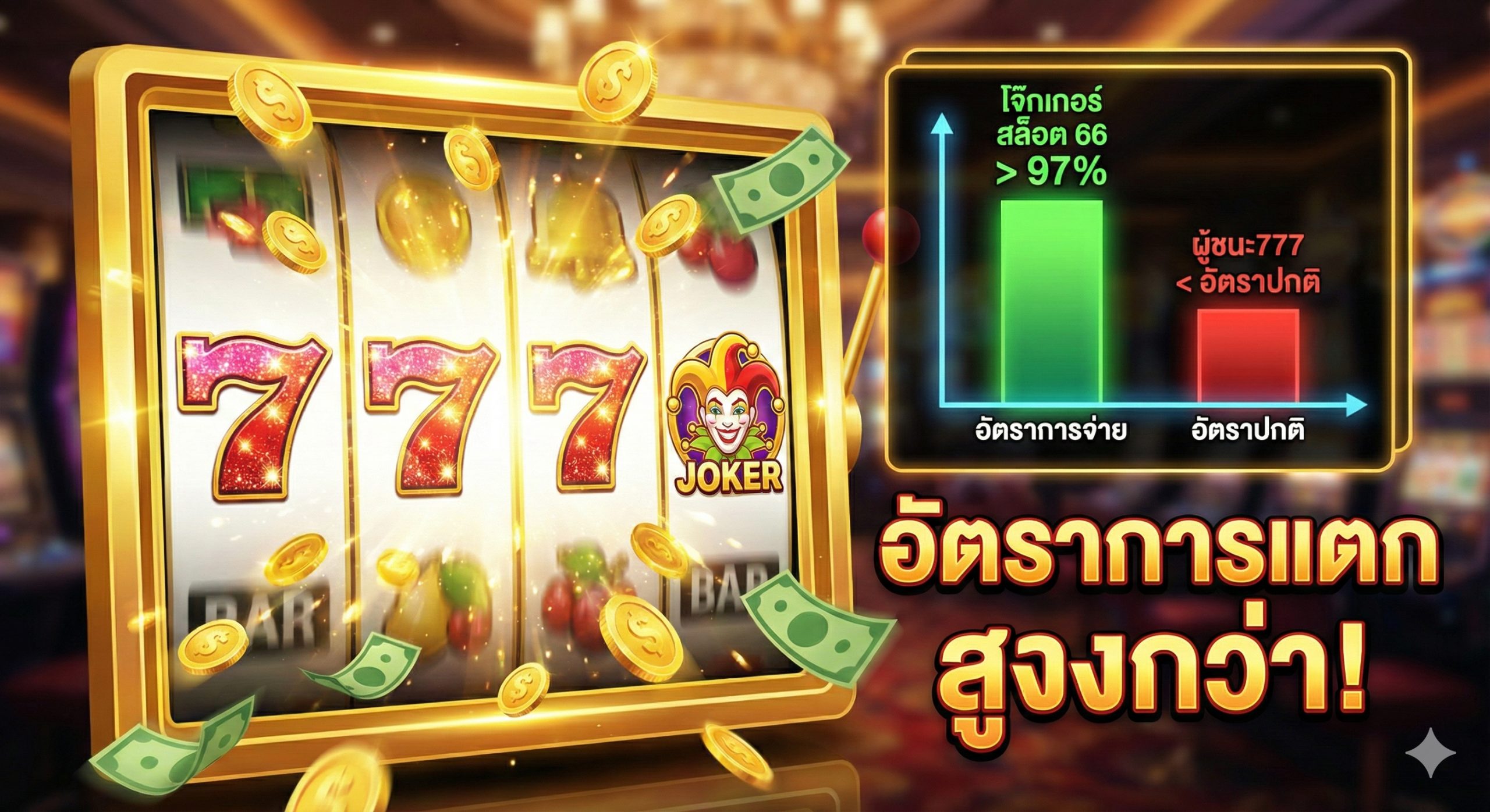ภาพที่เน้นย้ำอัตราการจ่าย (RTP) ที่สูงกว่า 97% ของ Joker Slot 66 โดยแสดงวงล้อสล็อตที่เต็มไปด้วยสัญลักษณ์ 777 และ Joker ที่กำลังแตกโบนัสอย่างต่อเนื่อง
