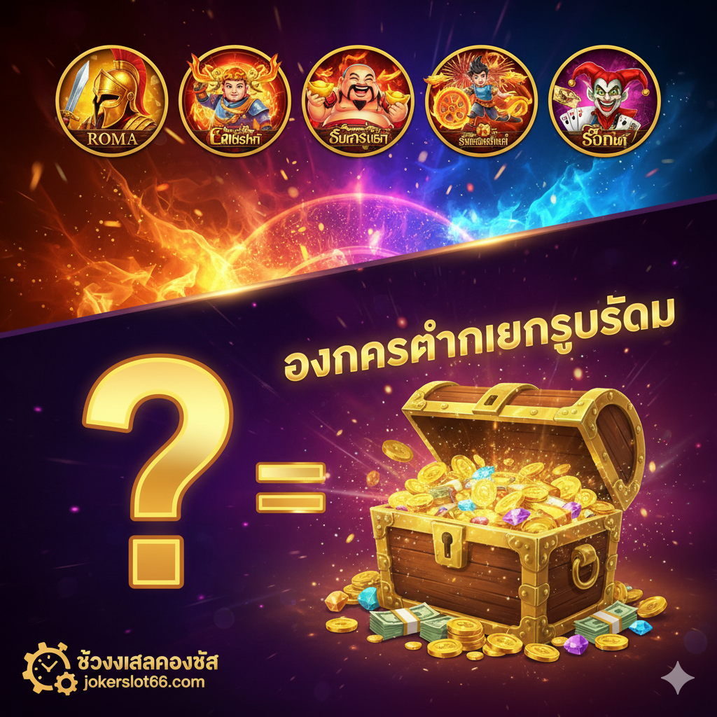 优势图片,强调“My Time Slot”策略配合精选游戏的优势。图片采用拼贴或分镜构图,展示文章中推荐的5款热门Joker Gaming游戏图标(如Roma, Supreme Caishen, Third Prince's Journey等)以吸引眼球。中央放置一个巨大的问号“?”和等号“=”,等号后面是一个堆满金币的宝箱或一个大大的“Jackpot”字样。整体色调鲜艳,强调成功和盈利。在宝箱上方用泰语写上“โอกาสทำเงินสูงสุด” (Highest Earning Opportunity),明确点出使用策略的巨大优势。