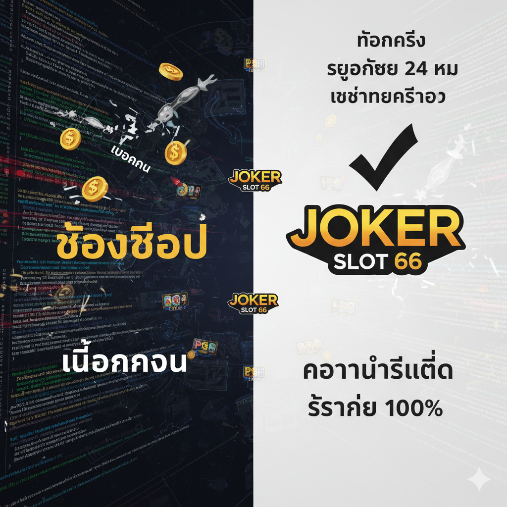 A dynamic image highlighting the advantages of playing on a reputable site like Jokerslot66 over seeking bugs. The visual is split into two parts: one side is dark, chaotic, with broken code and dollar signs being snatched away (representing scams/bugs). The other side, the advantage, is bright, clean, and features a prominent, stylized 'Jokerslot66' logo with icons representing 'Fast Withdrawal', '24H Support', and 'Secure Server' above it. A large, clean checkmark should be visually dominant on the safe side, conveying peace of mind and reliability.