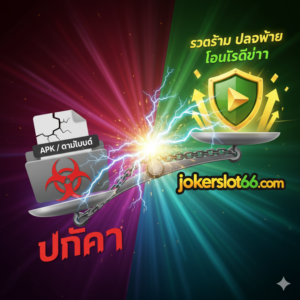 ภาพควรเป็นภาพเปรียบเทียบ โดยใช้แนวคิดเครื่องชั่งหรือแผนภาพความได้เปรียบ/เสียเปรียบ โดยฝั่งหนึ่งมีไอคอนดาวน์โหลดและไวรัส พร้อมข้อความ “ปัญหา” ที่ชั่งน้ำหนักให้ต่ำลง และอีกฝั่งมีโลโก้ jokerslot66.com และข้อความ “รวดเร็ว ปลอดภัย โบนัสดีกว่า” ที่ชั่งน้ำหนักให้สูงขึ้นและเปล่งประกาย เน้นการเปรียบเทียบที่ทรงพลังและชัดเจน