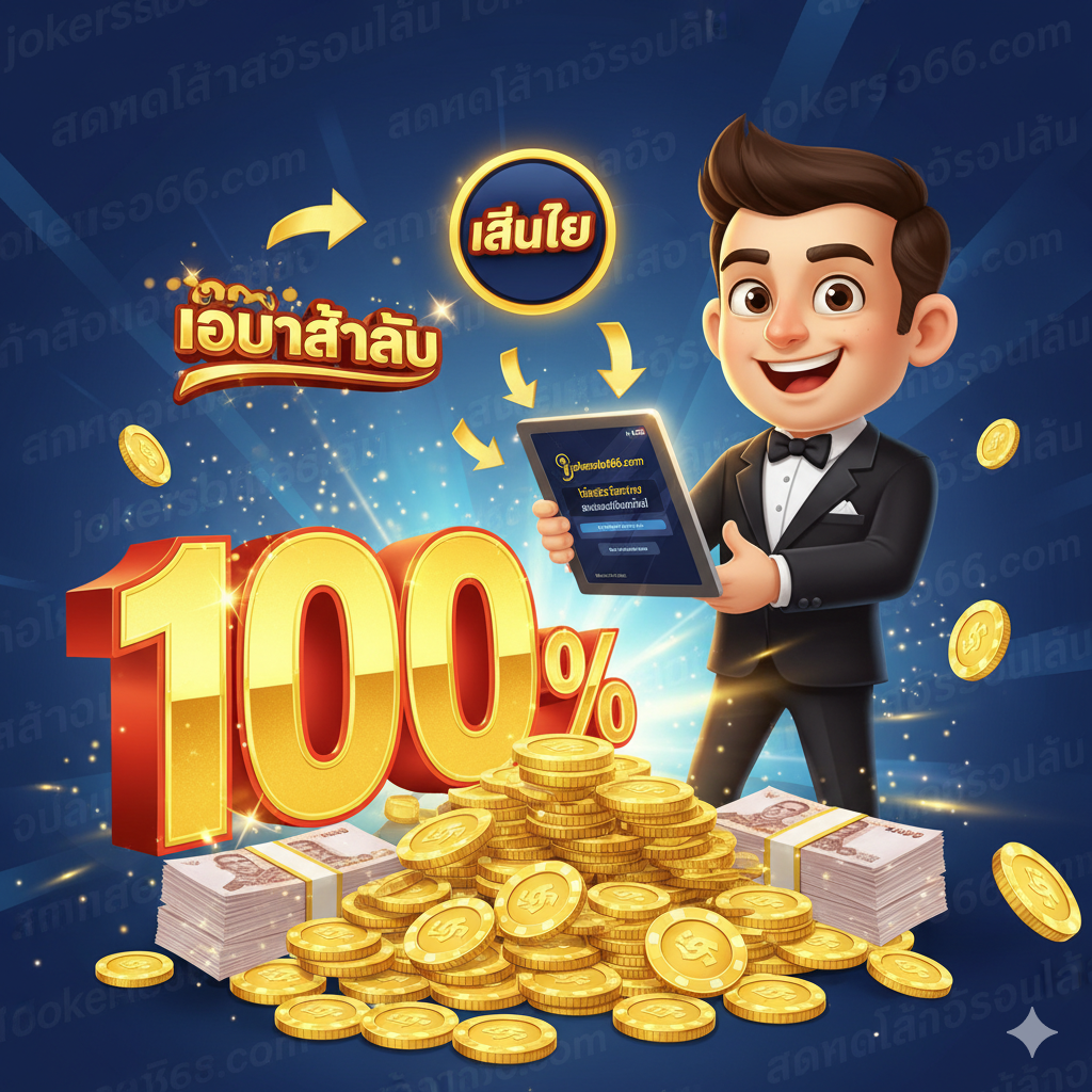 功能图片聚焦于'Bonus New Member 100%'。主视觉是一个醒目的100%百分比标志和一叠厚厚的、闪闪发光的筹碼หรือเงินสดกองอยู่。旁边是一个正在微笑、穿着考究的卡通形象，手里拿着一个手机或平板，上面显示着'jokerslot66.com'的Logo和'Welcome Bonus'的弹窗。背景可以有箭头指向一个'Play Now'的按钮，强调这是会员注册后可以直接获得的巨大优势。整体风格应是明亮、积极和充满财富感的。