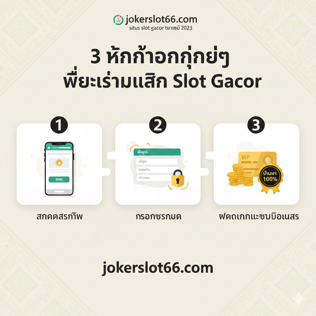 以简洁的流程图或信息图形式展示“3 ขั้นตอนง่ายๆ เพื่อเริ่มเล่น Slot Gacor”的注册教程。使用三个带有数字编号（1, 2, 3）的方块。第一个方块是“สมัครสมาชิก”：一个手机屏幕，带有“Sign Up”或“สมัคร”按钮；第二个方块是“กรอกข้อมูล”：一个表单界面和一把锁（代表安全）；第三个方块是“ฝากเงินและรับโบนัส”：金币和一张VIP卡或100% Bonus的标志。背景使用柔和的泰式纹理或中性色，确保文字清晰易读，突出操作的便捷性（Easy Steps）。