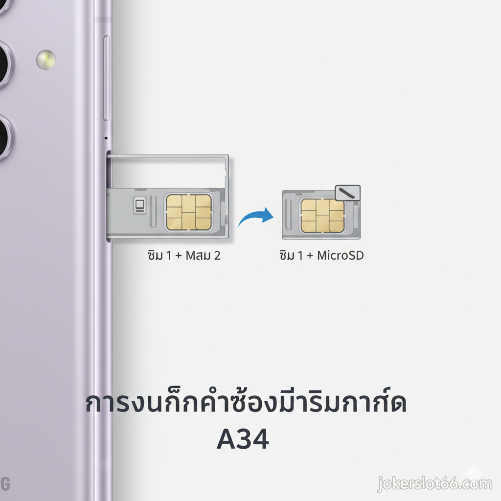 一张突出JOKERSLOT66作为最佳游戏平台的优势图。图片以鲜明的金色和红色为主色调，象征财富和热情。主体是一个由JOKERSLOT66标志性元素构成的徽章或横幅，旁边展示'เว็บตรง ไม่ผ่านเอเย่นต์' (直属网站不通过代理) และ'ระบบ Auto ฝาก-ถอน รวดเร็ว' (自动存取款系统快速) 的泰文标语。画面下方是A34手机的局部特写，屏幕上显示'โบนัสต้อนรับ 100%' (100% 欢迎奖金) 的优惠信息，强调用高性能A34配合JOKERSLOT66的超值优势。构图饱满，视觉冲击力强，直接导向网站注册。
