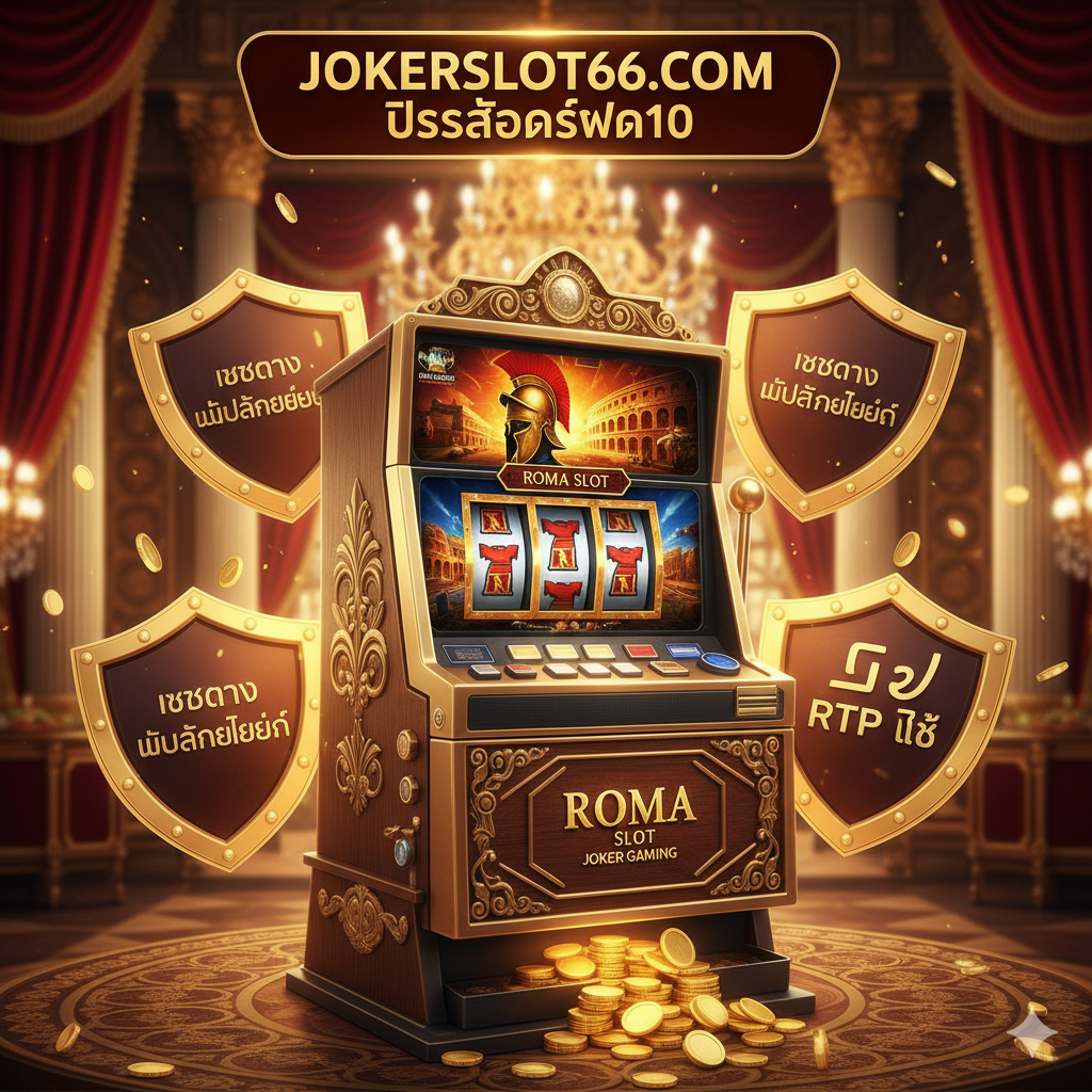 优势突出图，聚焦JokerSlot66的品牌和游戏体验。画面中央是一台老式老虎机（Slot Machine），屏幕上显示着'Roma Slot'或'Joker Gaming'的标志性游戏画面。周围环绕着象征เว็บตรง（Direct Web）的盾牌或证书图标，强调'ไม่ผ่านเอเย่นต์' 和 'RTP แท้'。背景色彩浓郁，带有赌场的奢华感，金色和红色为主，突显出'ความน่าเชื่อถือ' 和 'ความปลอดภัย'的品牌承诺。