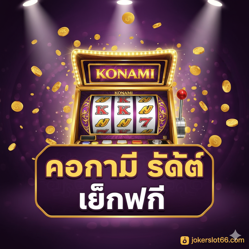 ภาพหน้าปกสไตล์คาสิโนดิจิทัลที่น่าดึงดูดใจ โทนสีหลักเป็นสีม่วงเข้มและสีทองหรูหรา แสดงถึงความยิ่งใหญ่ของ Konami Gaming องค์ประกอบหลักคือสัญลักษณ์เครื่องสล็อต Konami ที่มีแสงสว่างและวงล้อที่หมุนอยู่ โดยมีแสงสปอตไลท์ส่องลงมา เน้นข้อความขนาดใหญ่ว่า 'Konami Slots เล่นฟรี' และโลโก้ 'jokerslot66.com' ขนาดเล็กแต่ชัดเจนที่มุมใดมุมหนึ่ง ควรมีภาพซ้อนทับของเหรียญทองที่กำลังร่วงหล่นเพื่อสื่อถึงโอกาสในการชนะรางวัล