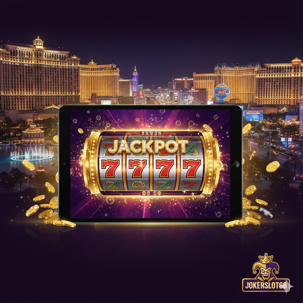ภาพแนว Cinematic ที่ดึงดูดสายตา ผสมผสานความหรูหราของลาสเวกัสเข้ากับโลกออนไลน์ เน้นสีทองและม่วงเข้ม ภาพพื้นหลังเป็นทิวทัศน์ยามค่ำคืนของ Las Vegas Strip ที่มีไฟนีออนสว่างไสว โดยมีหน้าจอโทรศัพท์มือถือ/แท็บเล็ตขนาดใหญ่ซ้อนอยู่ด้านหน้า แสดงภาพวงล้อสล็อตที่กำลังหมุนและมีสัญลักษณ์ '777' หรือ 'JACKPOT' ขนาดใหญ่อยู่ตรงกลาง ภาพสื่อถึงการนำความตื่นเต้นของเวกัสมาสู่มือถือ โดยมีโลโก้ Jokerslot66 (สมมติว่ามี) อยู่ในมุมที่เหมาะสม ภาพรวมดูพรีเมียมและเชิญชวนให้เล่น