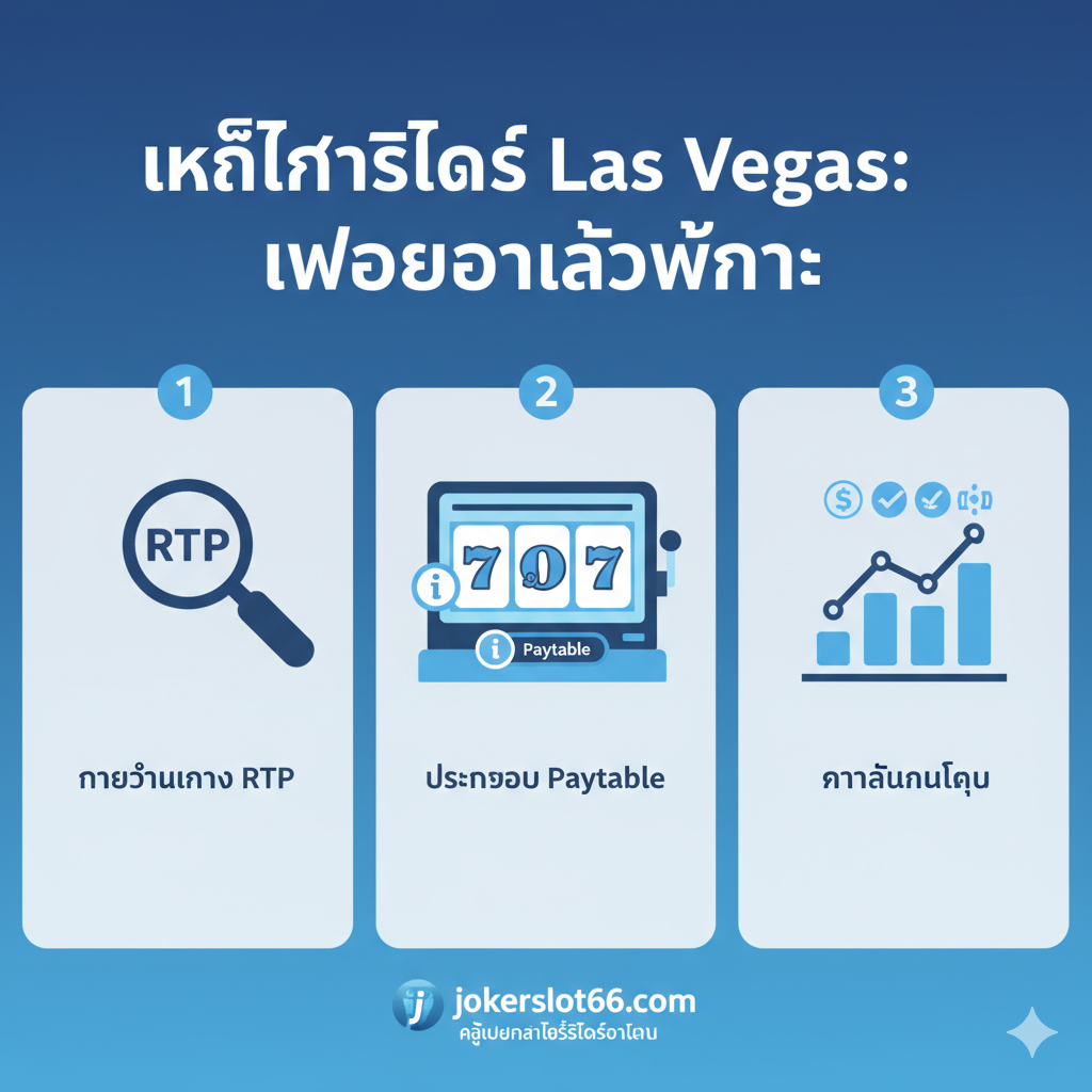 ภาพสไตล์ Tutorial Graphic ที่เน้นขั้นตอนการทำความเข้าใจ RTP และ Paytable โครงสร้างเป็น 3 ขั้นตอนง่ายๆ แสดงไอคอน: 1. แว่นขยายที่ชี้ไปที่คำว่า 'RTP' 2. หน้าจอเกมสล็อตที่มีปุ่ม 'i' หรือ 'Paytable' ถูกเน้น 3. กราฟแท่งที่แสดงการเติบโตของเงินทุน (Bankroll) ภายใต้การควบคุม โทนสีเป็นสีฟ้า-ขาวที่ดูน่าเชื่อถือและเป็นมืออาชีพ ภาพควรมีคำอธิบายสั้นๆ เป็นภาษาไทยกำกับแต่ละไอคอน เช่น 'ตรวจสอบ Paytable' และ 'จัดการเงินทุน'