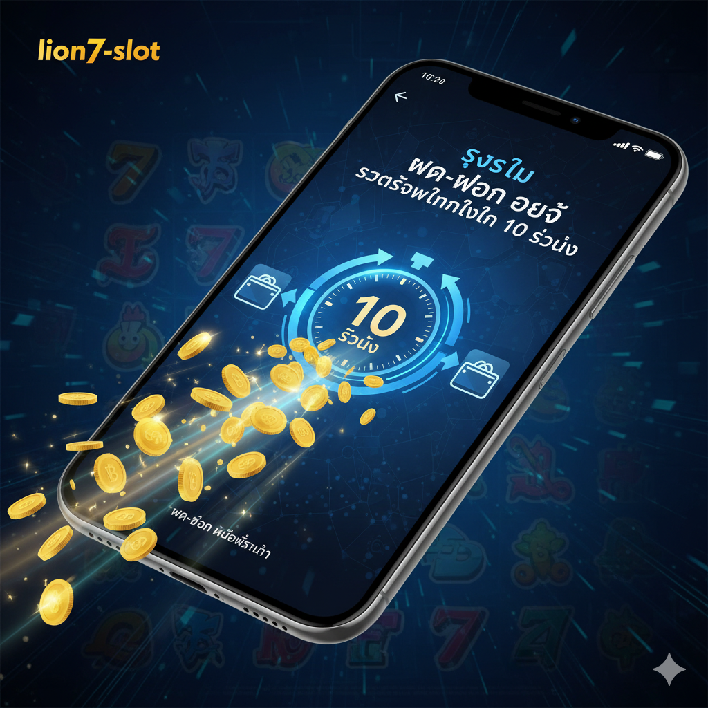 功能图片的主题是'ระบบ ฝาก-ถอน ออโต้ รวดเร็วทันใจใน 10 วินาที'。画面应包含一个现代化的智能手机界面(代表'มือถือ'),屏幕上显示一个快速流动的数字计时器(例如:'10 วินาที'หรือ一个旋转的箭头),同时有金币หรือ泰铢符号以极快的ความเร็วจาก一个钱包图标流向另一个钱包图标,象征自动(Auto)และ闪电般的速度。色彩以科技蓝และ金色为主,突出'ออโต้'และ'รวดเร็ว'的特点。下方可以配上小的'ฝาก-ถอน ไม่มีขั้นต่ำ'泰语文字。