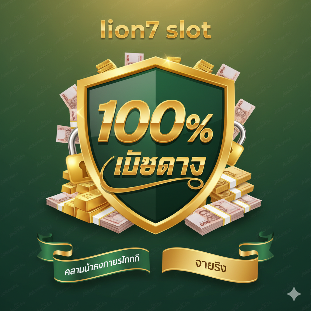 优势图片的主题是'lion7 slot เว็บตรง ไม่ผ่านเอเย่นต์ 100%'。构图中心是一个坚固的盾牌或一个巨大的'100%'徽章，上面印有'เว็บตรง'（Web Direct）的泰语文字。盾牌周围环绕ด้วย象征安全และ财富的元素，如锁头、金条หรือ堆叠的钞票。色彩使用沉稳的绿色（代表安全และ稳定）และ耀眼的金色（代表财富และการจ่ายเงิน）背景可มีjokerslot66的小Logo。强调'ความมั่นคงทางการเงิน'และ'จ่ายจริง'。