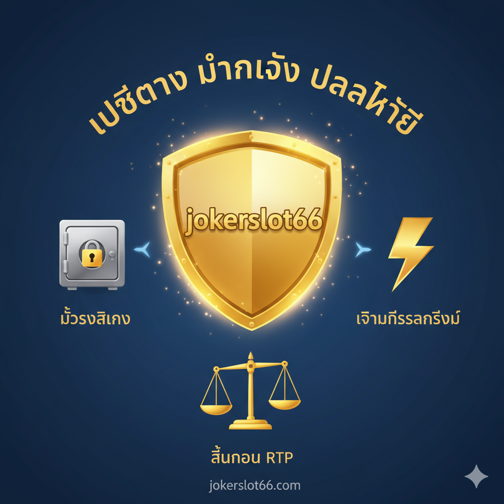 优势图片聚焦于'เว็บตรง มั่นคง ปลอดภัย' (Web Direct, Stable, Secure) 的核心卖点。画面主体为一个被金色光芒环绕的盾牌(Security Shield),盾牌上刻有'jokerslot66'字样。盾牌周围环绕着象征安全、快速、公平的元素:一个带有锁头标志的保险柜(代表资金安全)、一个闪电符号(代表快速存取款)、和一个天平符号(代表公平公正的RTP)。色彩采用信任感强的金色、蓝色和白色,营造出专业和可信赖的平台形象,强调国际标准服务。