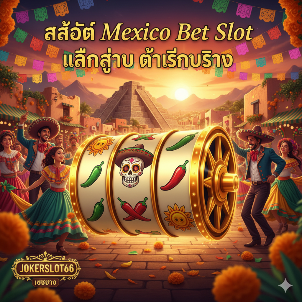 一张极具视觉冲击力的封面图,主题是'สล็อต Mexico Bet Slot เล่นง่าย ได้เงินจริง'。ภาพ画面主体应是狂欢的墨西哥派对场景(Fiesta),前景突出一个闪耀的金色老虎机符号(Slot Machine Icon)หรือ一个带有墨西哥元素的卷轴(如:戴着宽边帽、骷髅头Día de Muertos、辣椒符号),背景是色彩鲜艳的墨西哥小镇หรือ金字塔遗迹。整体采用温暖、饱和度สูง的色调(红、黄、橙、绿),营造出激动人心的氛围。右上角หรือ左下角需要有'jokerslot66'的LOGOหรือ文字强调“เว็บตรง” (Web Direct),构图上应使用深景深突出中心的老虎机元素。