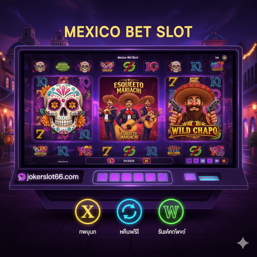 功能图片聚焦于文章中提到的热门游戏，展示三款墨西哥主题老虎机游戏的特色。例如，中间突出一个虚拟的老虎机屏幕，显示着'Muertos Multiplier Megaways'、'Esqueleto Mariachi'和'Wild Chapo'的标志性符号（骷髅头、Mariachi乐队成员、墨西哥强盗）。色彩以神秘且充满ชีวิตชีวาการ深紫色和霓虹色为主，模拟夜晚的墨西哥狂欢。图片下方用小图标或文字强调'Multiplier'、'Free Spin'和'Wild Symbol'等关键游戏功能。风格应是高细节度的游戏截图或概念艺术合成，体现游戏的刺激性和高赔率特性。