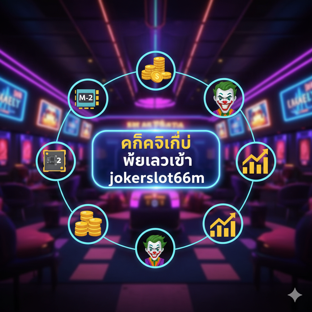 一张强有力的总结和号召性用语(Call to Action)图片。图片中央是一个醒目的、发光的泰语按钮“คลิกที่นี่ เพื่อเข้าสู่ jokerslot66”(点击这里进入jokerslot66)。按钮周围环绕着代表文章核心概念的图标:一个微小的M.2插槽(代表'msi a520m-a pro')、一堆金币、一个Joker角色图标和一个向上的利润图表。背景是充满活力的赌场氛围,带有霓虹灯光效,旨在激励用户立即访问jokerslot66.com并开始游戏。