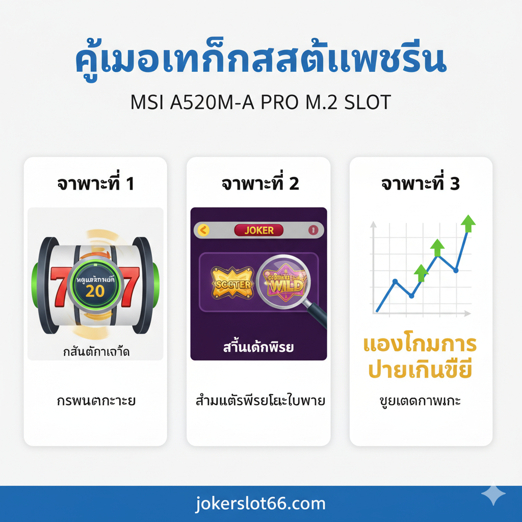 一张教程型图片,分为三个清晰的板块,分别对应文章中的“3 จังหวะสำคัญ”(3个重要时기)。板块一(Momentum)展示一个带有“Auto-Spin 20”图标的老虎机转轮。板块二(Scatter)展示一个放大镜聚焦在Joker游戏界面的“Scatter”和“Wild”符号上。板块三(Pattern)展示一个简单的上升趋势折线图,代表积极的支付模式。整体风格现代、简洁,使用清晰的图标和明亮的色彩(绿色、金色、蓝色)来指导用户理解策略。