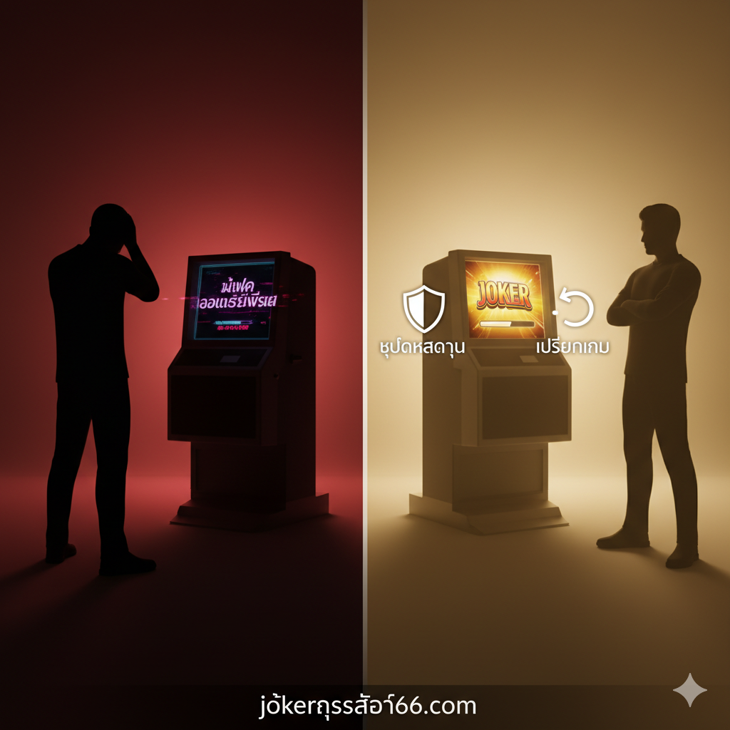 一张展示策略优势(问题排查)的对比图片。左半部分色调偏红且昏暗,显示一个沮丧的玩家剪影面对一个显示“Bonus Not Detected”(模仿M.2 SSD错误)的老虎机屏幕。右半部分明亮且积极,显示一个自信的玩家剪影,旁边有代表“Stop-Loss”的盾牌图标和代表“Switch Game”的切换箭头图标,指向一个正在加载的新Joker游戏。此构图通过强烈的视觉对比,突出了jokerslot66策略的控制力和优势。