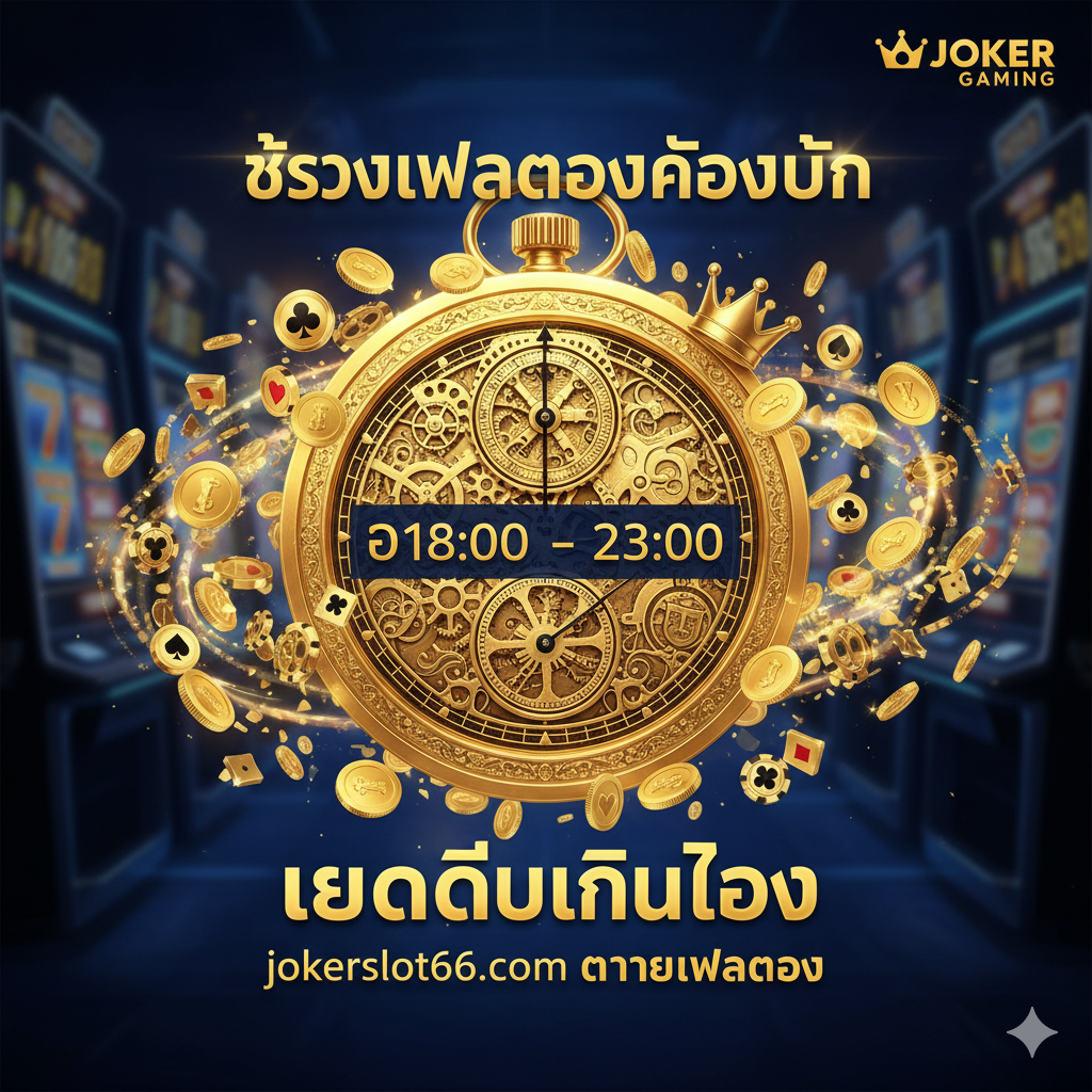 一张醒目的封面图,主题是“My Time Slot”和“时间就是金钱”。图片主色调应为金色และ深蓝色(体现财富และ夜晚/黄金时段)。核心元素是一个巨大的、设计精美的金色时钟หรือ怀表,时针和分针指向“18:00 - 23:00”(文章中提到的黄金时间)。时钟周围环绕着飞舞的金色硬币、Joker Gaming的Logo元素(如小丑皇冠หรือ扑克牌符号),背景是闪耀的赌场/老虎机界面虚化效果。文字叠加“My Time Slot”และ“ตารางเวลาทอง jokerslot66.com”以泰语或英文强调。构图应居中且富有冲击力。