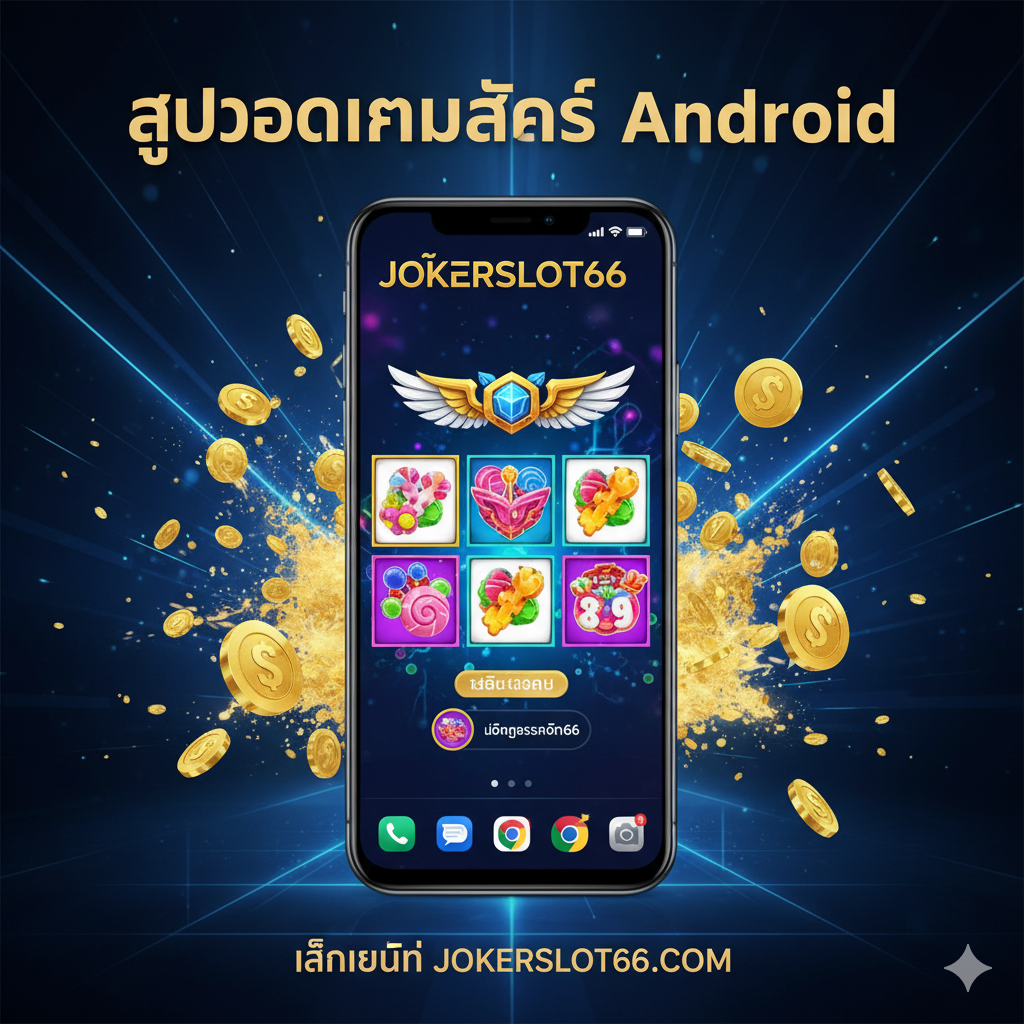 一张吸引สายตาของ封面图 ซึ่งมีธีม 'najbolja android slot igra' (เกมสล็อต Android ที่ดีที่สุด) พร้อมเน้นโทรศัพท์ Android และเหรียญทองรอบ ๆ รวมถึงโลโก้ Jokerslot66