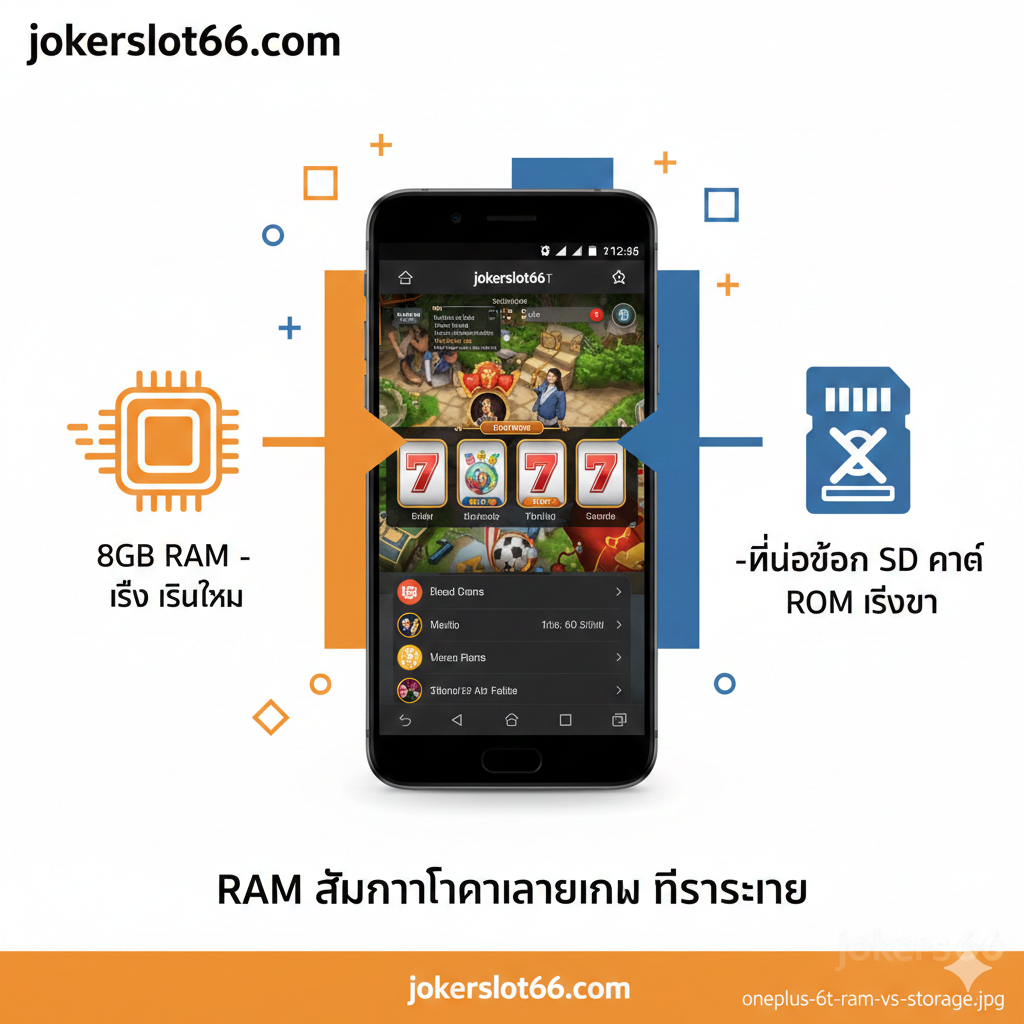 功能/特性图,核心是对比RAM和ROM (Storage)的重要性,特别是针对jokerslot66。图片采用信息图表风格,左侧是RAM(用一个高速运行的处理器或芯片图标表示),并标注“8GB RAM - 高速流畅”,右侧是Storage/SD Card(用一个被锁住或禁止的microSD卡图标表示),标注“无SD卡槽 - ROM速度更快”。中间有一个箭头指向jokerslot66的App界面,强调RAM是决定游戏流畅度的关键。整体色调明亮,使用橙色和蓝色形成对比,突出重点。