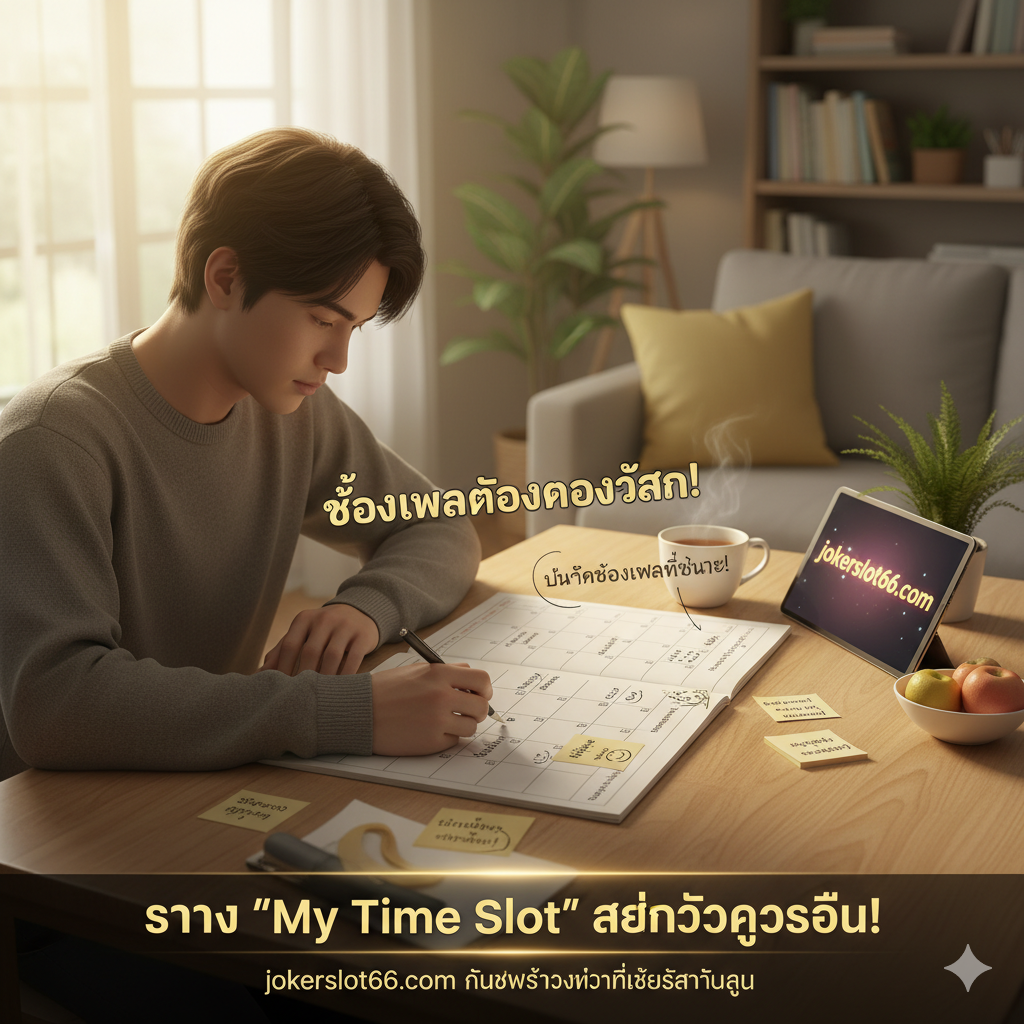 总结图片,鼓励玩家寻找自己的“My Time Slot”并行动。画面应展示一个玩家正在认真做笔记或记录的场景,他面前是一张带有手写标记和星星符号的日历/时间表,突显“User-Generated Data”的概念。背景可以是一个放松、舒适的家庭环境,象征玩家在自己的最佳时间进行游戏。核心元素是一句泰语口号,如“สร้าง 'My Time Slot' ส่วนตัวของคุณ!” (Create Your Own 'My Time Slot'!) 或“บันทึกเวลาที่ได้รางวัลใหญ่” (Record Your Big Win Time)。色彩温暖且激励人心,构图平稳,暗示这是一个可复制的成功模式。