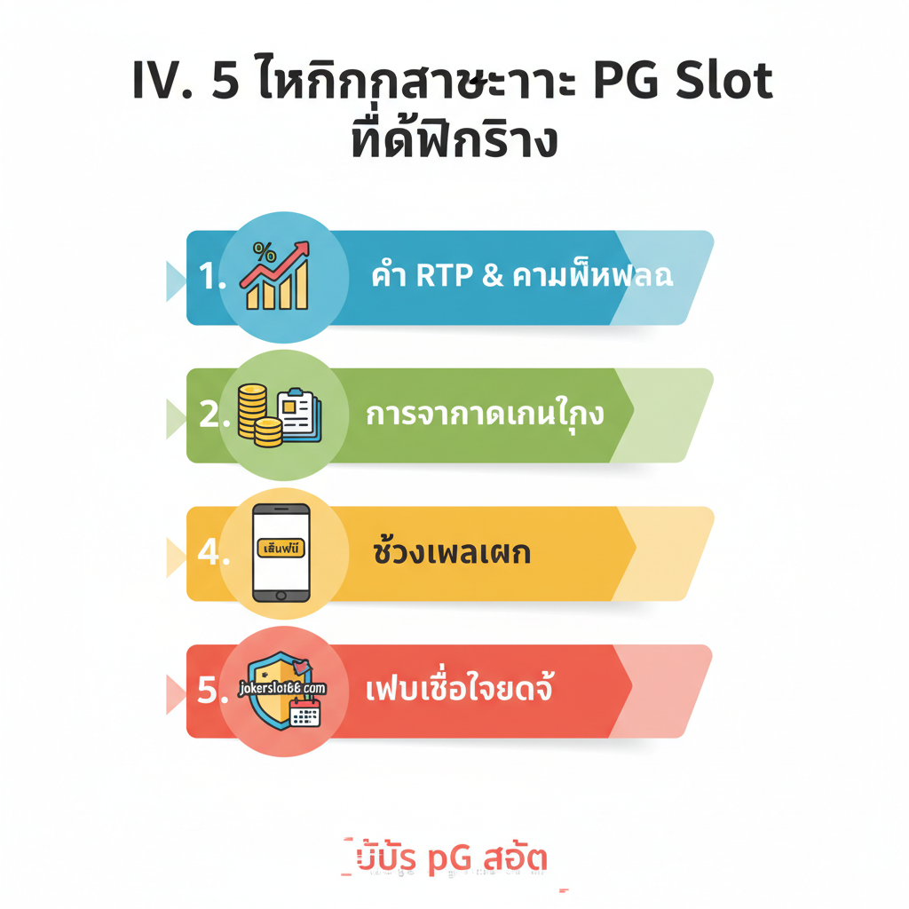 A clean, step-by-step tutorial visual focusing on the 5 genuine winning techniques (RTP, Volatility, Money Management, Testing). The image should be divided into five distinct, color-coded sections (e.g., a simple numbered list flow chart). Each section should have a clear icon: 1. A percentage sign (%) and a graph for RTP/Volatility. 2. A stack of coins and a small ledger for Money Management. 3. A smartphone or tablet showing a 'Play Demo' button for the Testing phase. 4. A clock or calendar icon for 'Hot Slot Timing'. 5. The Jokerslot66 logo/brand shield for 'Trustworthy Site'. The style is flat design or clean vector art, easy to read and highly scannable.